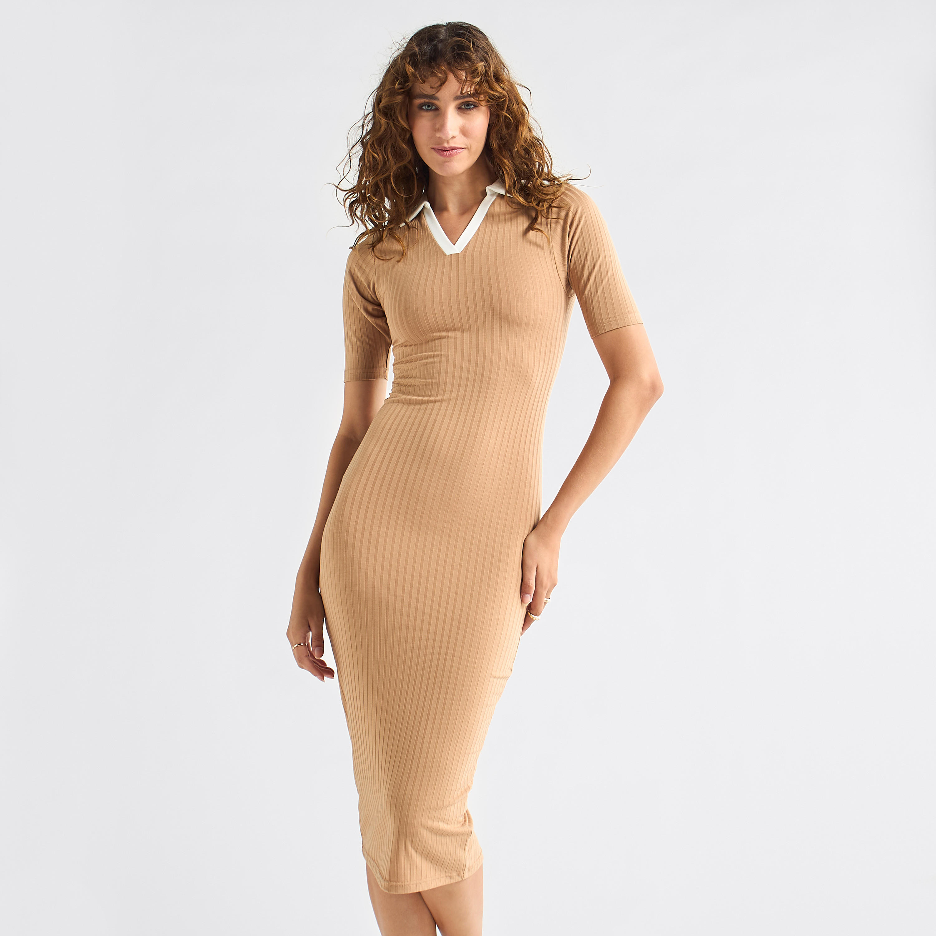 Striped Bodycon Dress with Collar and Short Sleeves-women-clothing-dresses-image-9