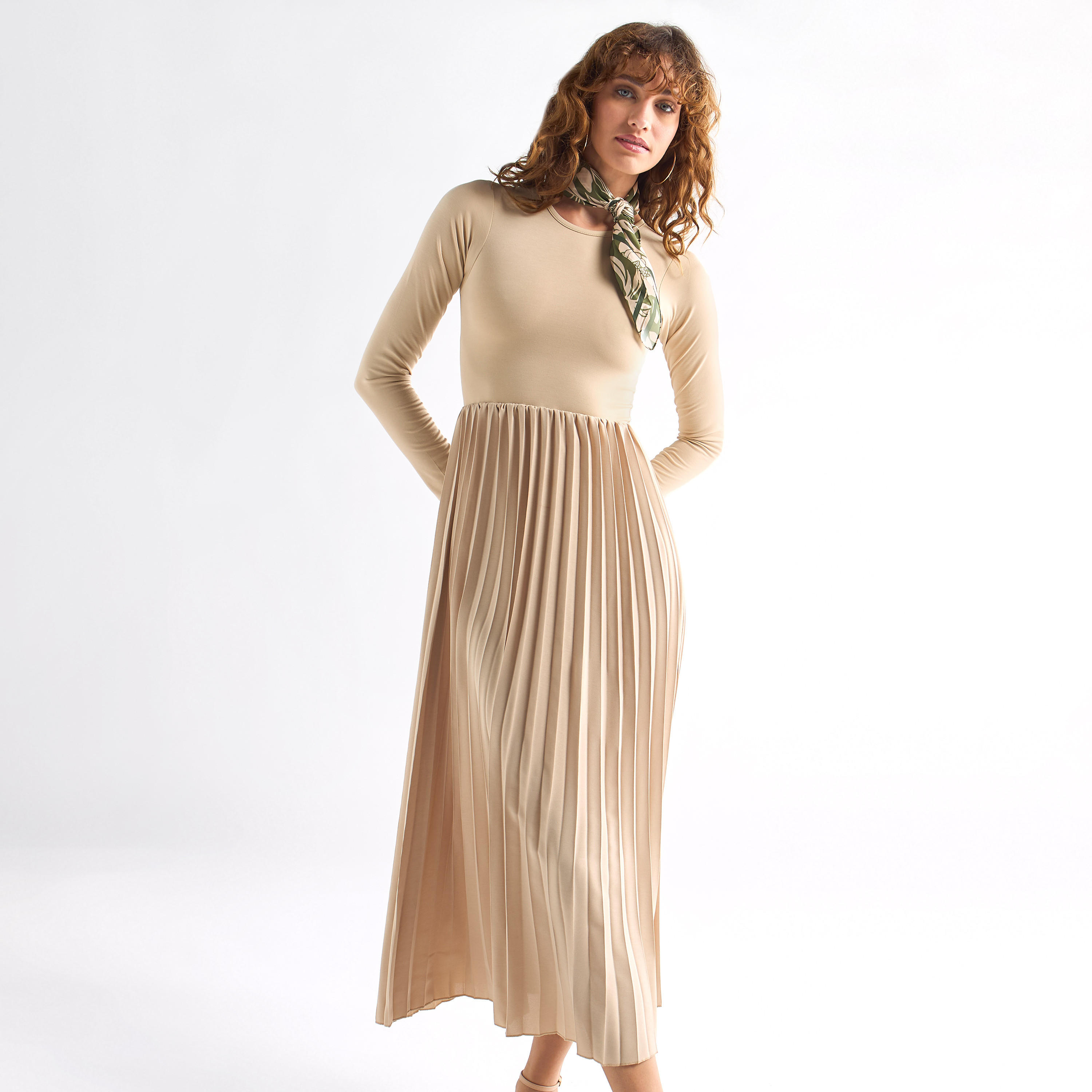 Shop Pleated Dress with Round Neck and Long Sleeves Online