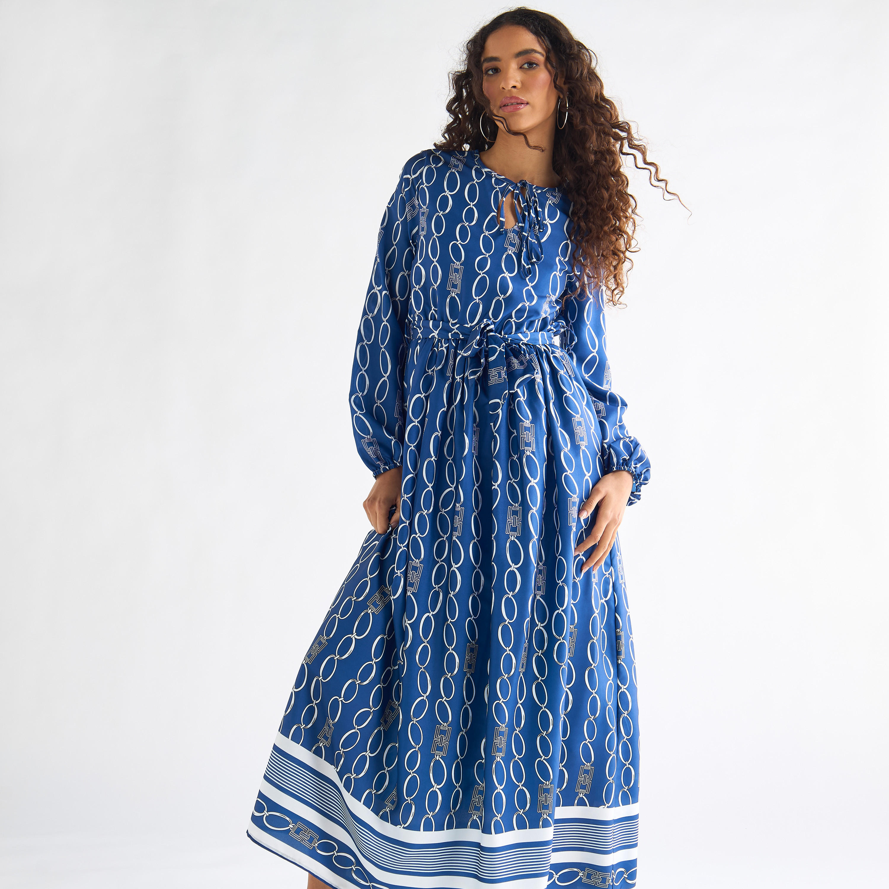 فستان ميدي بياقة رباط وأكمام طويلة وطبعات-women-clothing-dresses-image-1