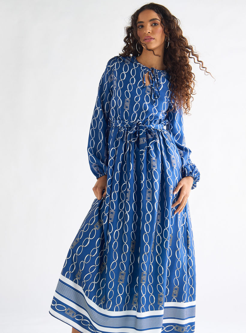 فستان ميدي بياقة رباط وأكمام طويلة وطبعات-women-clothing-dresses-image-1
