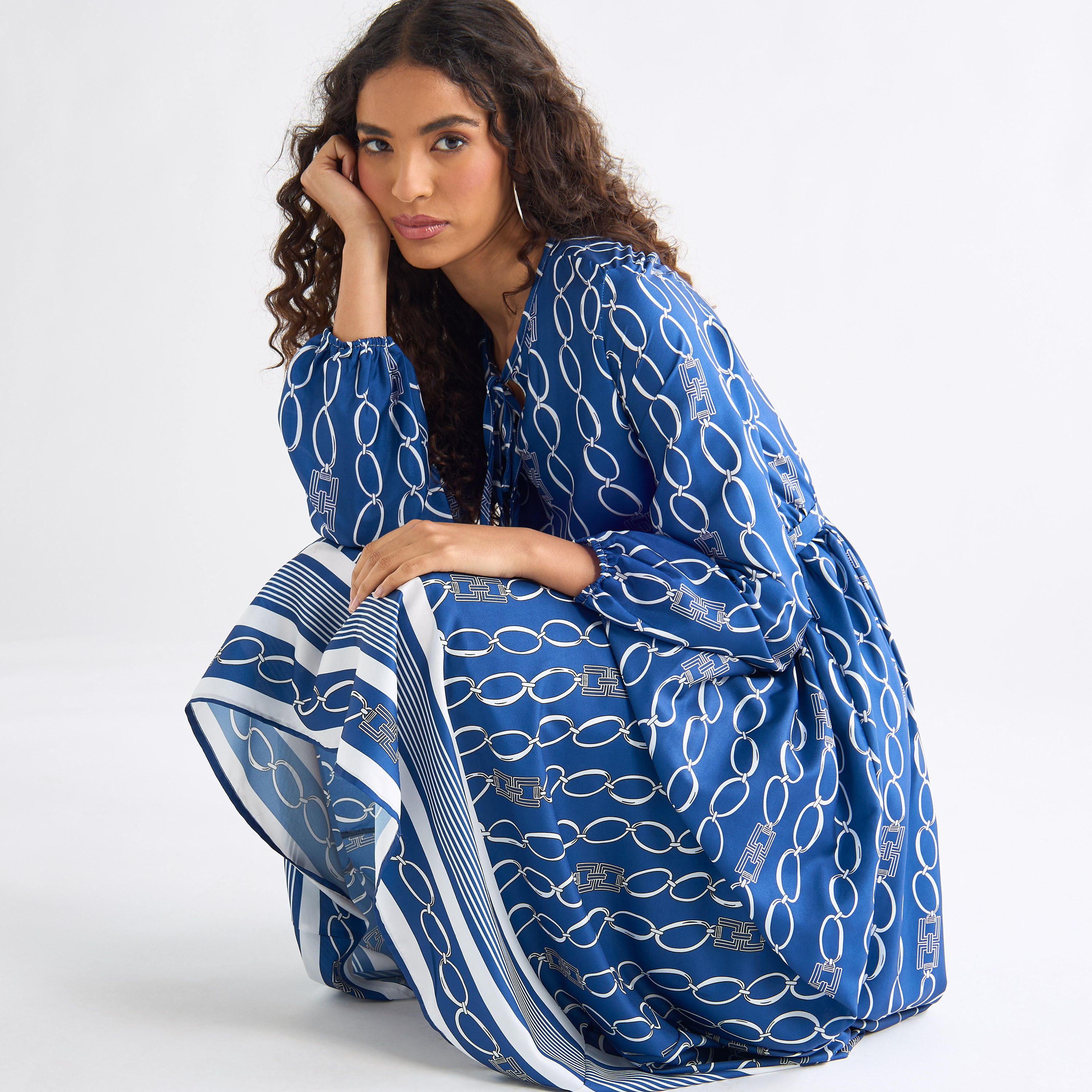 Printed Midi Dress with Tie-Up Neck and Long Sleeves-women-clothing-dresses-image-2
