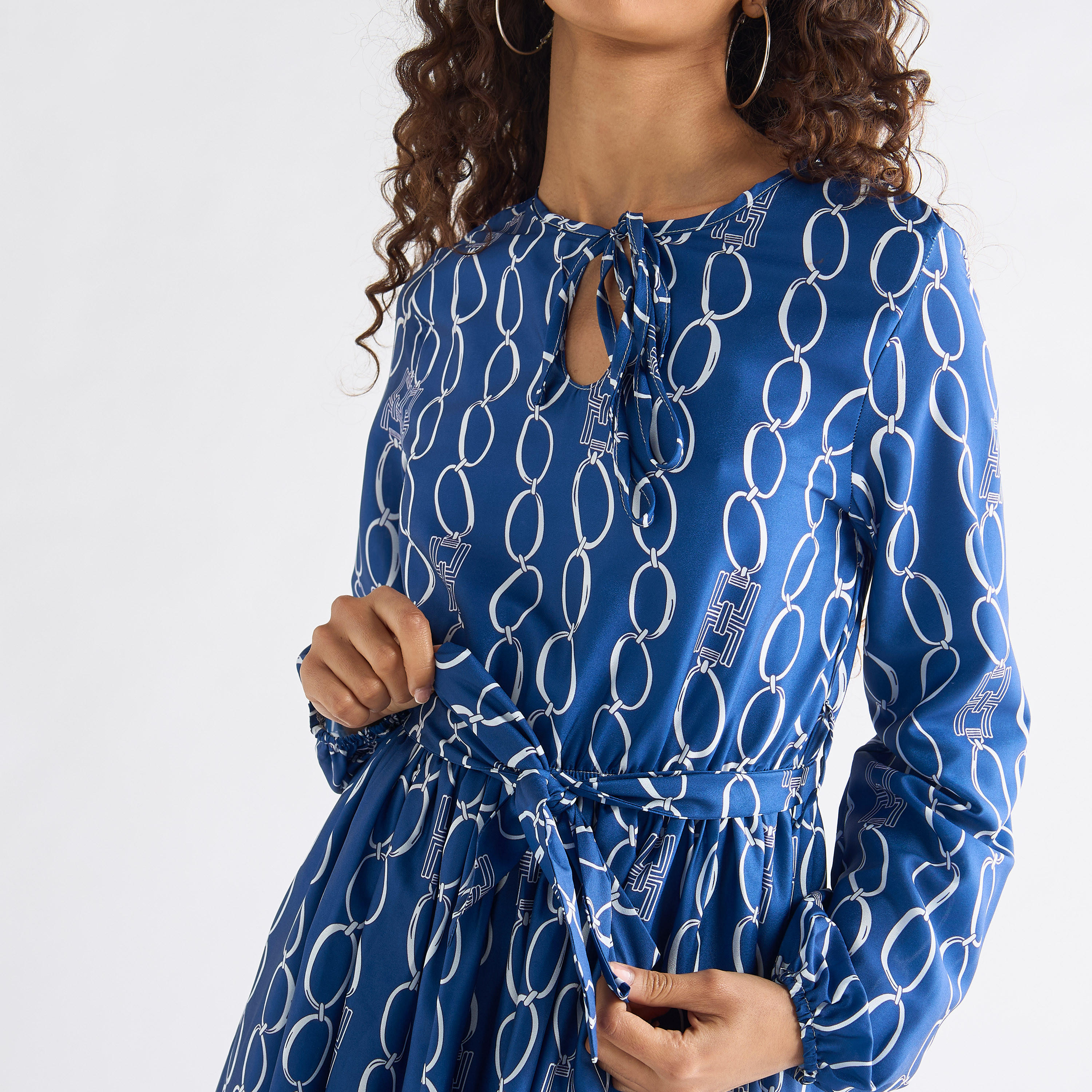 Printed Midi Dress with Tie-Up Neck and Long Sleeves-women-clothing-dresses-image-4