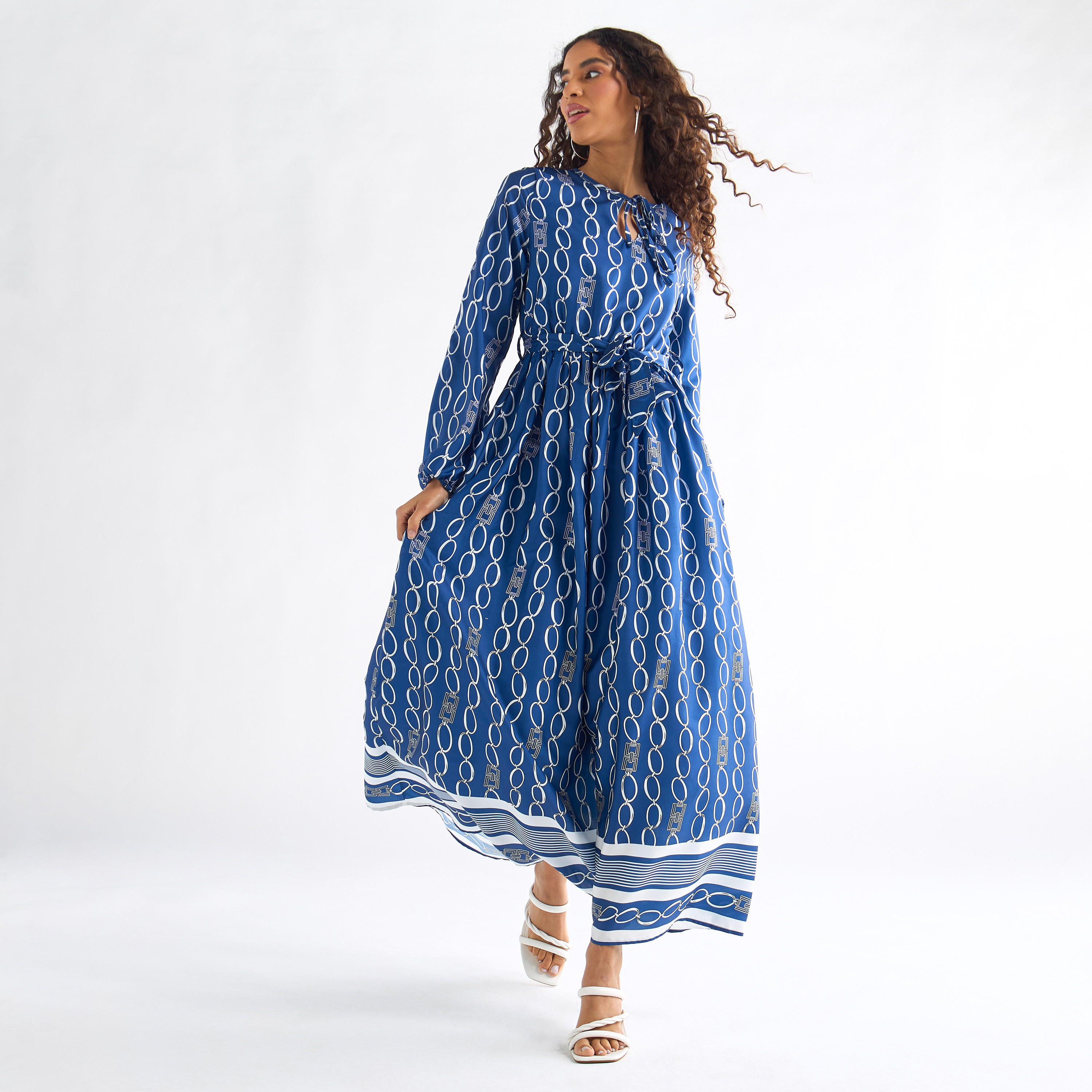 Printed Midi Dress with Tie-Up Neck and Long Sleeves-women-clothing-dresses-image-5