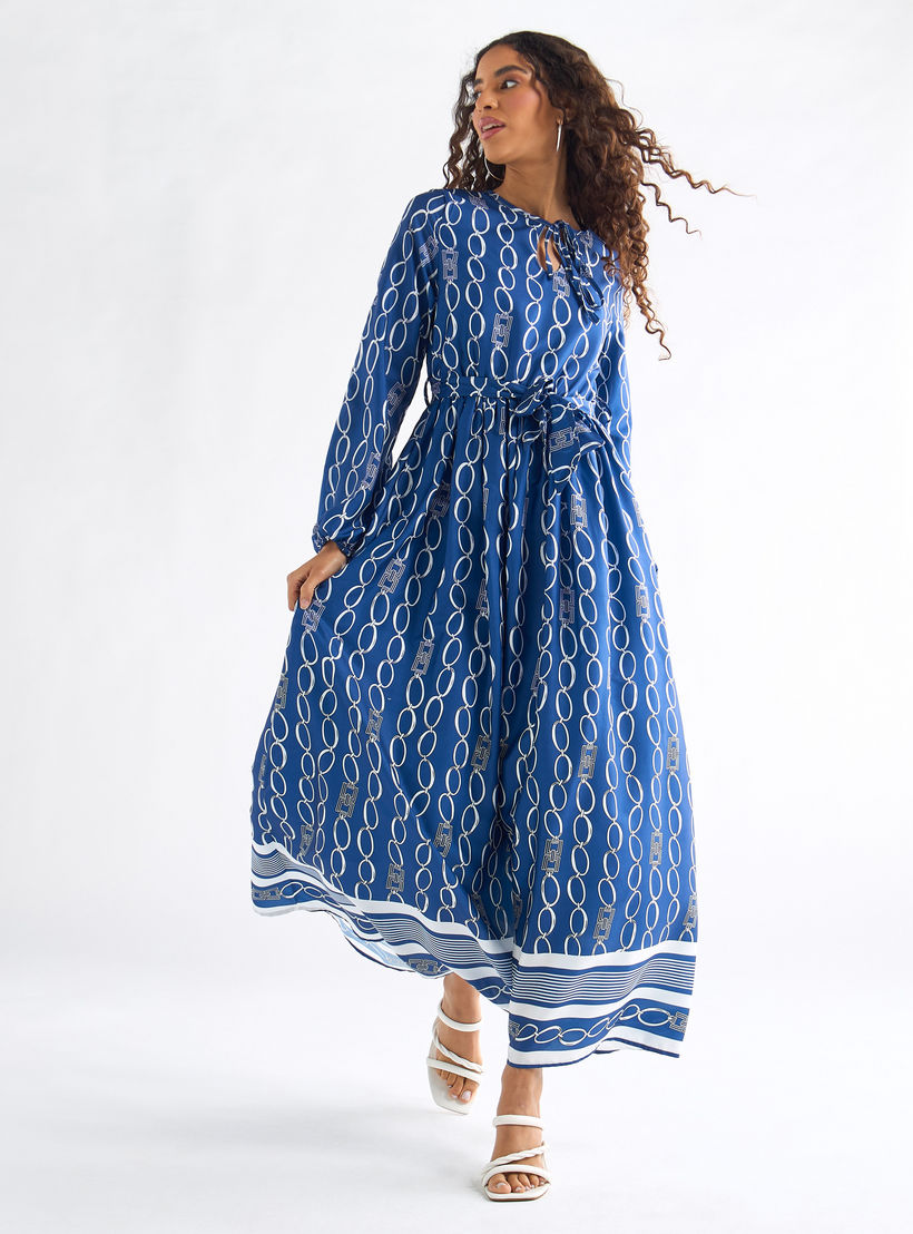 فستان ميدي بياقة رباط وأكمام طويلة وطبعات-women-clothing-dresses-image-5