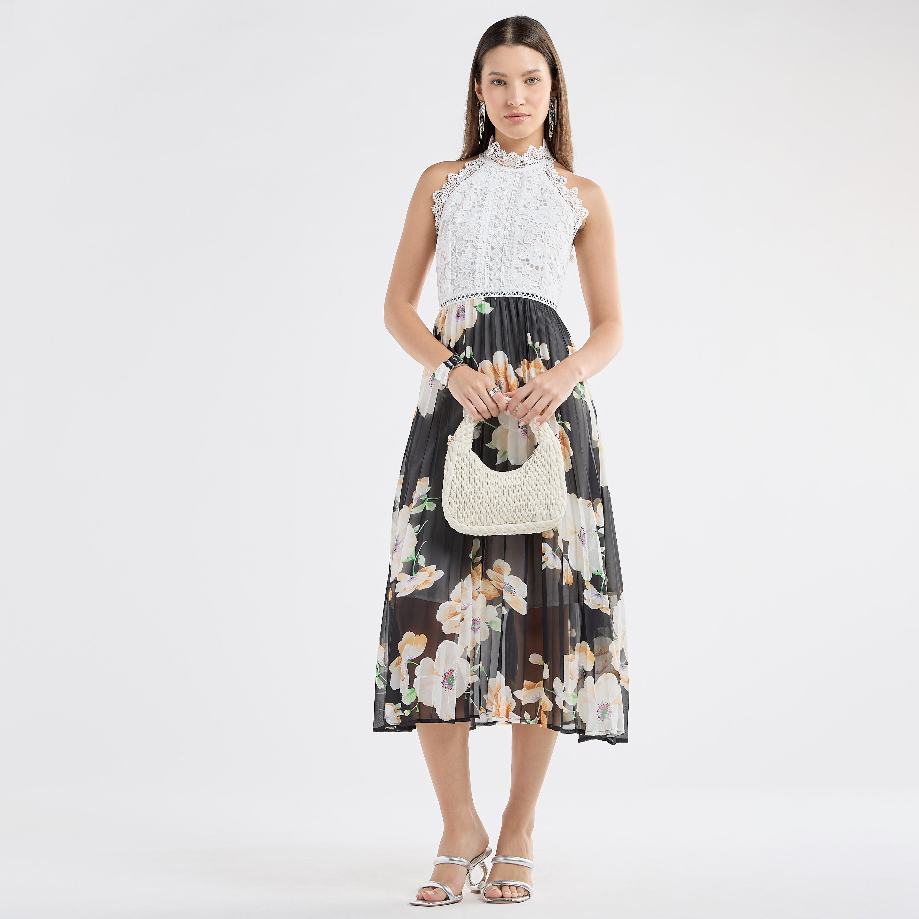 Floral Print Halter Neck Midi Dress with Lace Detail-women-clothing-dresses-image-5