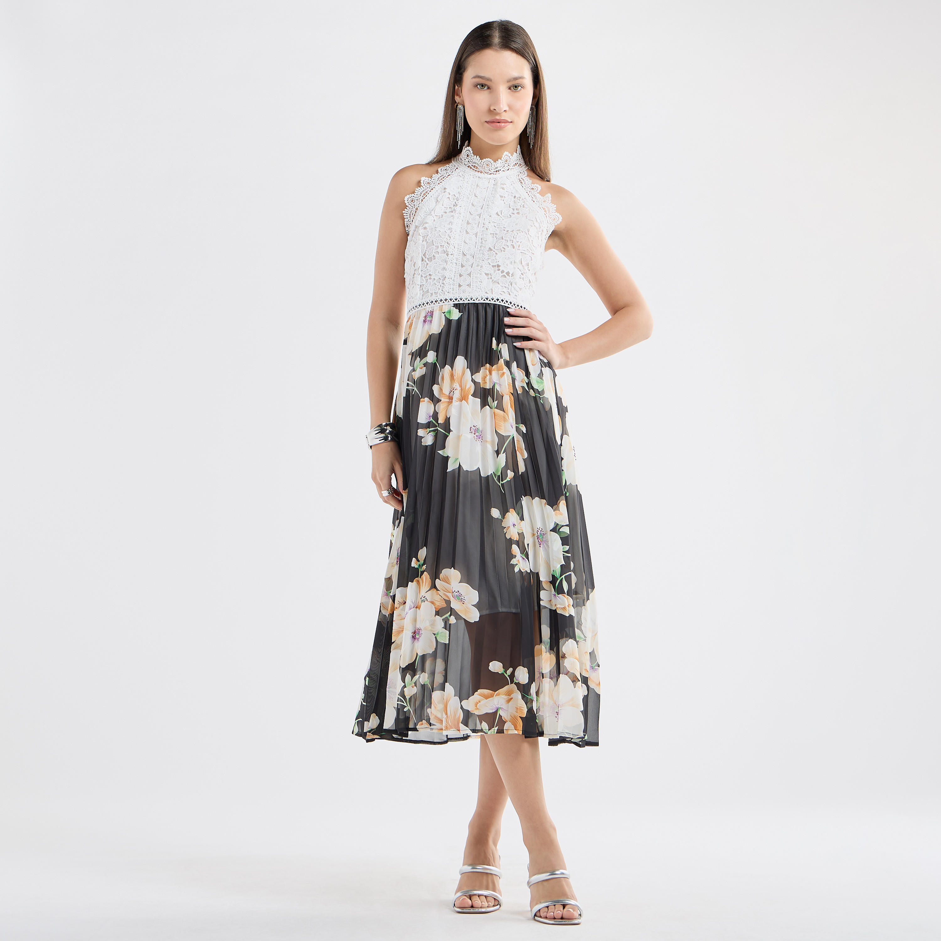 Floral Print Halter Neck Midi Dress with Lace Detail-women-clothing-dresses-image-6