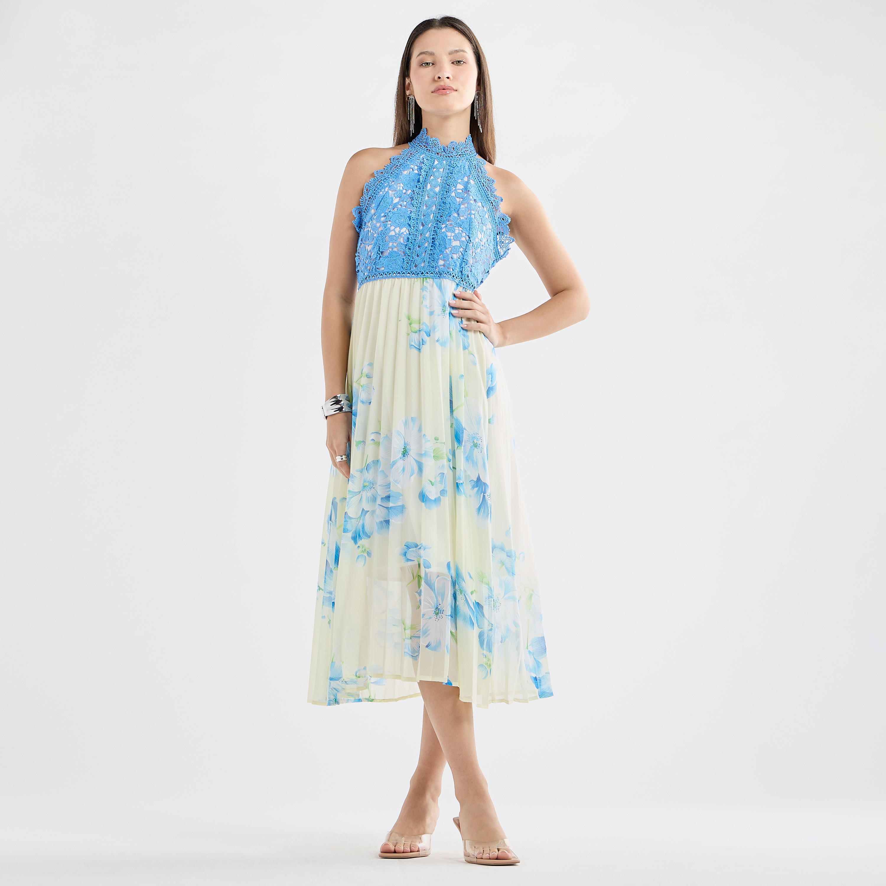 Floral Print Halter Neck Midi Dress with Lace Detail-women-clothing-dresses-image-1