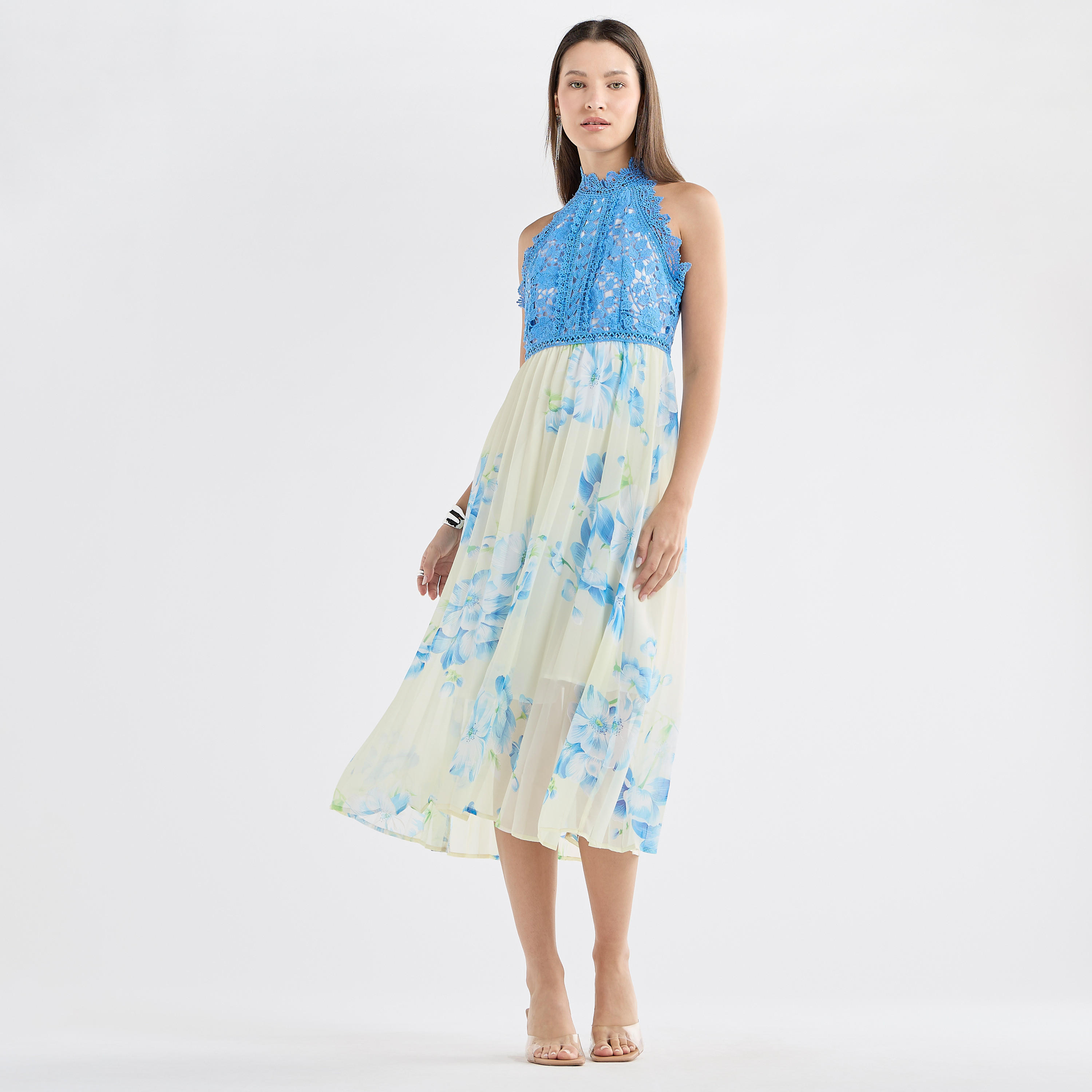 Floral Print Halter Neck Midi Dress with Lace Detail-women-clothing-dresses-image-2