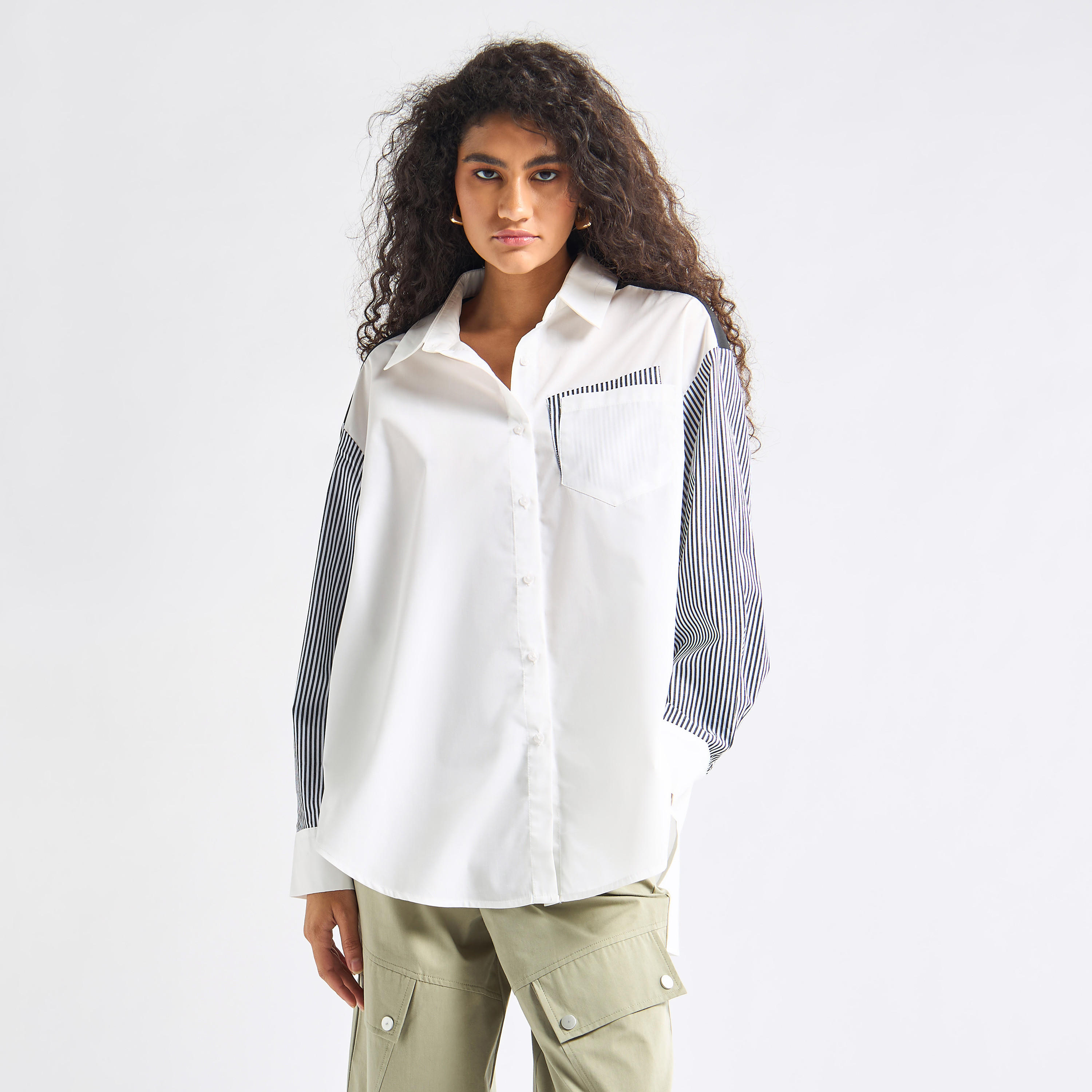 Relaxed Fit Oversized Shirt with Drop Shoulder and Striped Long Sleeves-women-clothing-shirtsandblouses-shirts-image-1