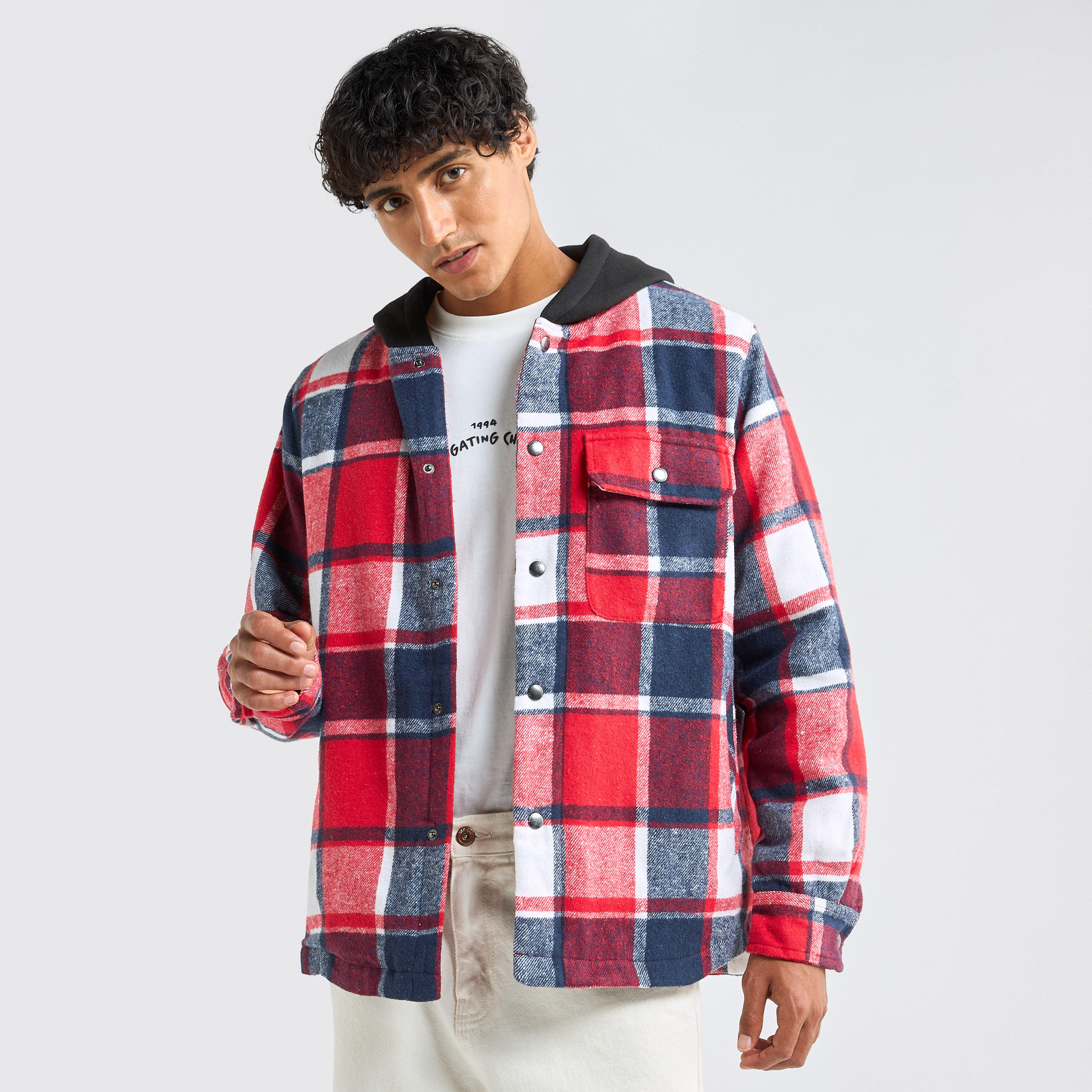 قميص كاروهات بأكمام طويلة وأزرار إغلاق كبس وقبعة-men-clothing-shirts-image-1