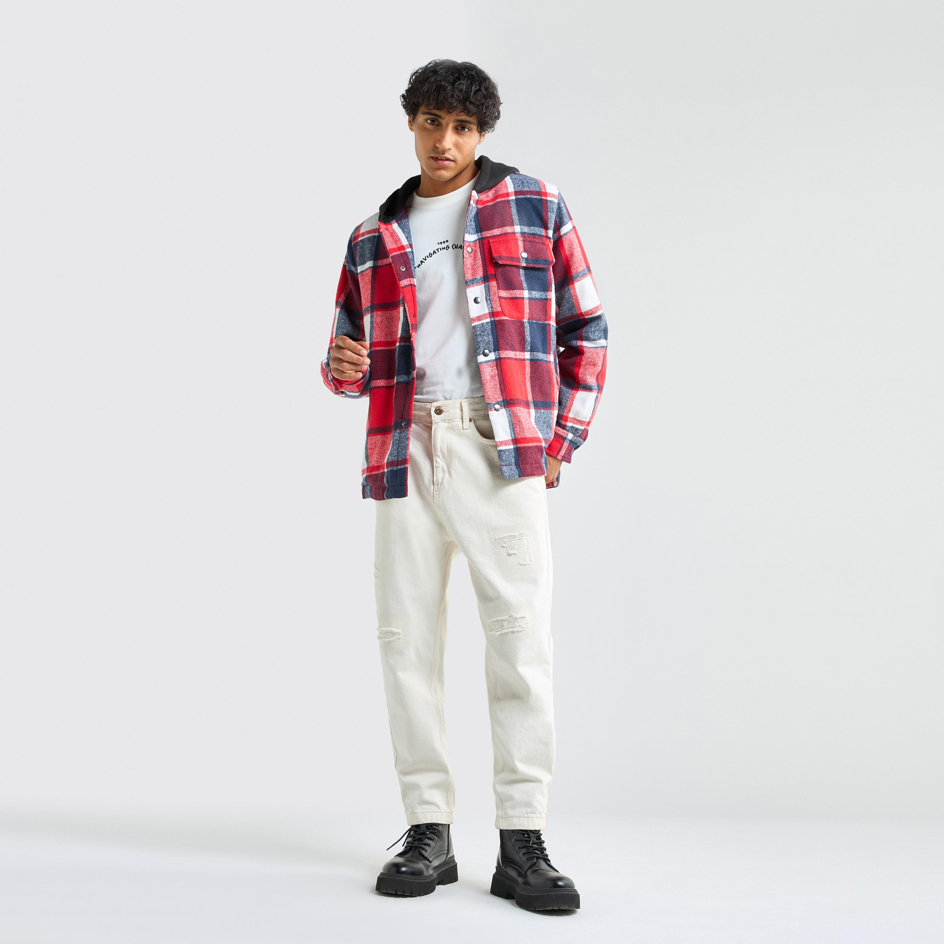 قميص كاروهات بأكمام طويلة وأزرار إغلاق كبس وقبعة-men-clothing-shirts-image-2