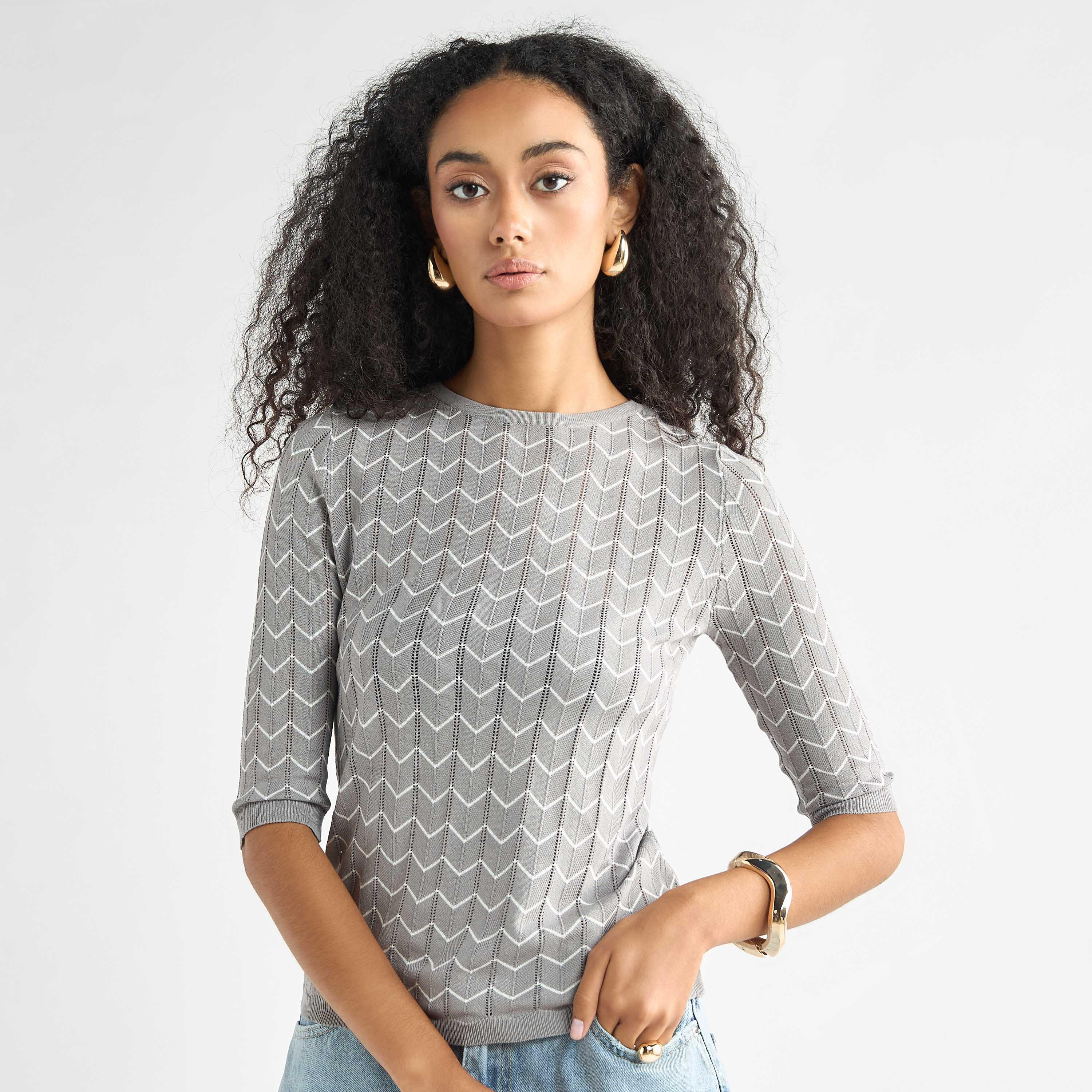 كنزة بارزة الملمس بياقة مستديرة وأكمام 3/4-women-clothing-cardigansandjumpers-jumpers-image-1