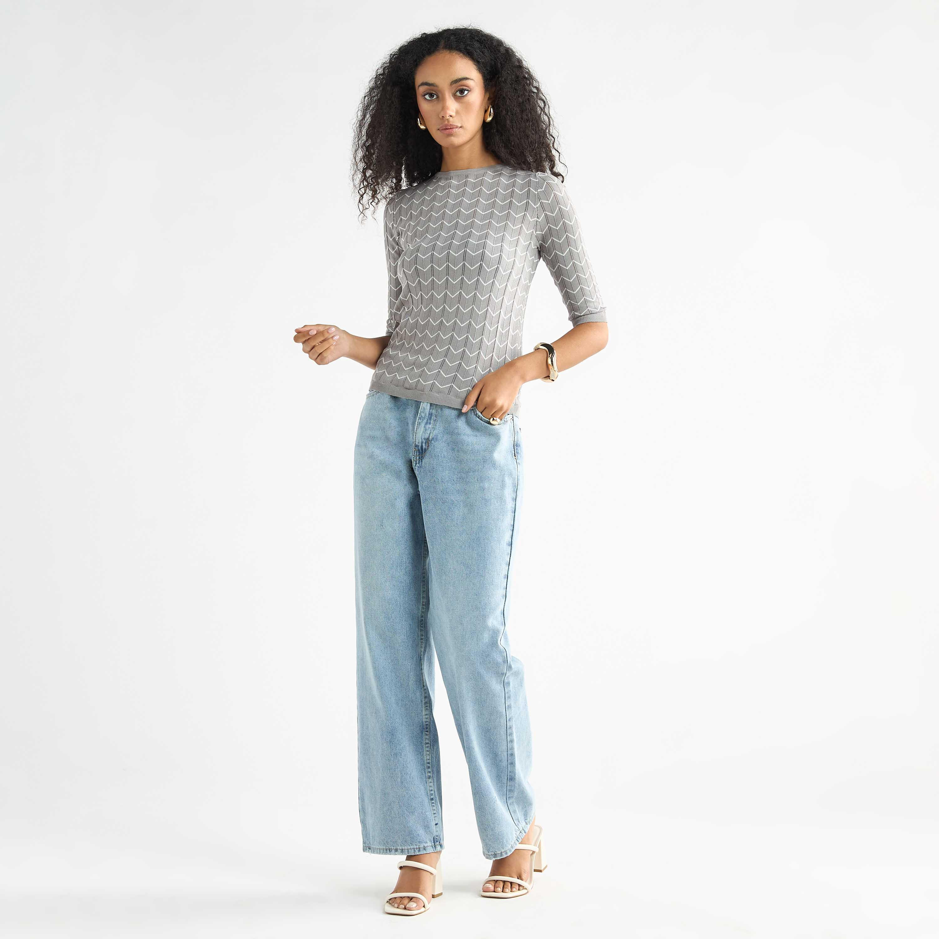 كنزة بارزة الملمس بياقة مستديرة وأكمام 3/4-women-clothing-cardigansandjumpers-jumpers-image-2
