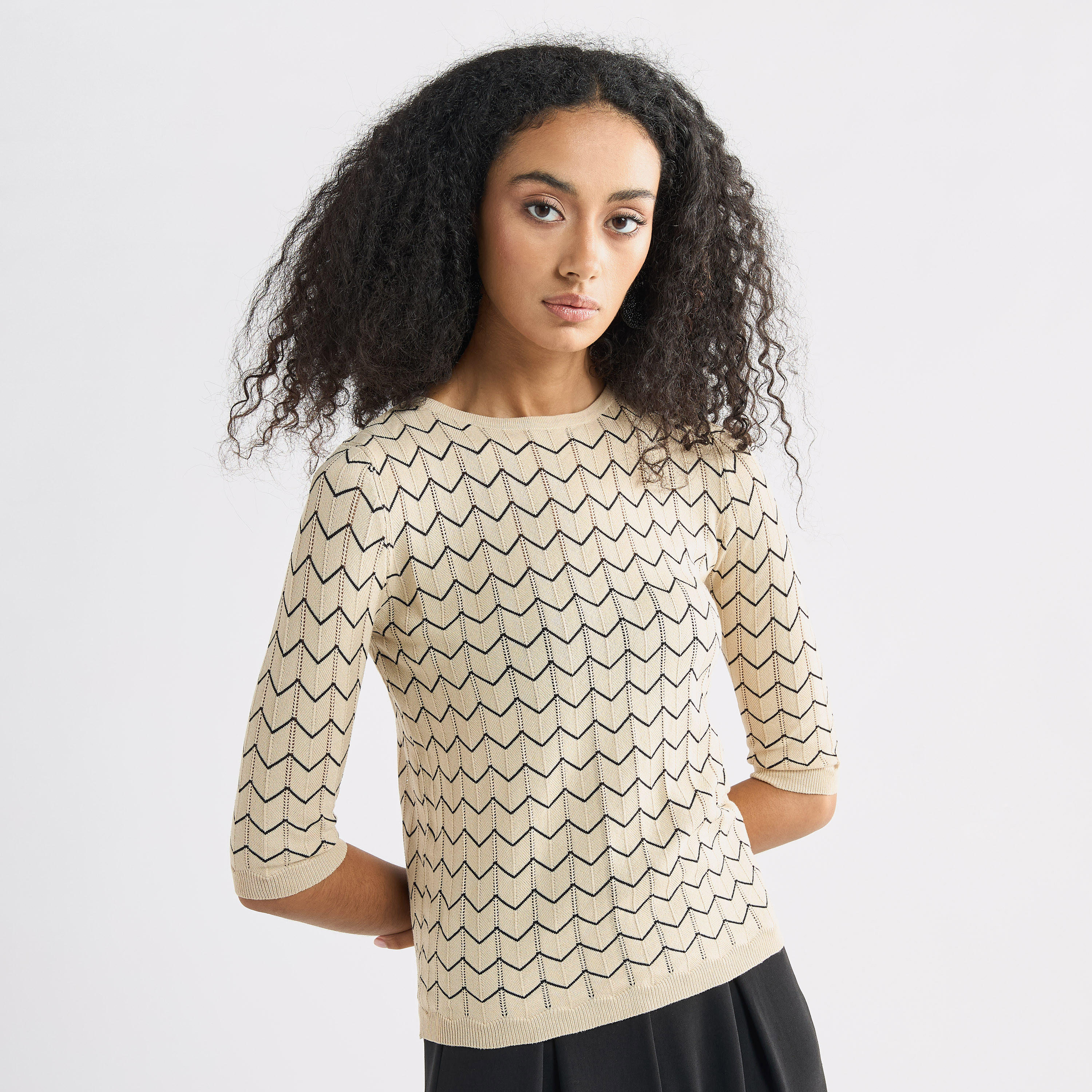 Textured Sweater with Round Neck and 3/4 Sleeves-women-clothing-cardigansandjumpers-jumpers-image-1