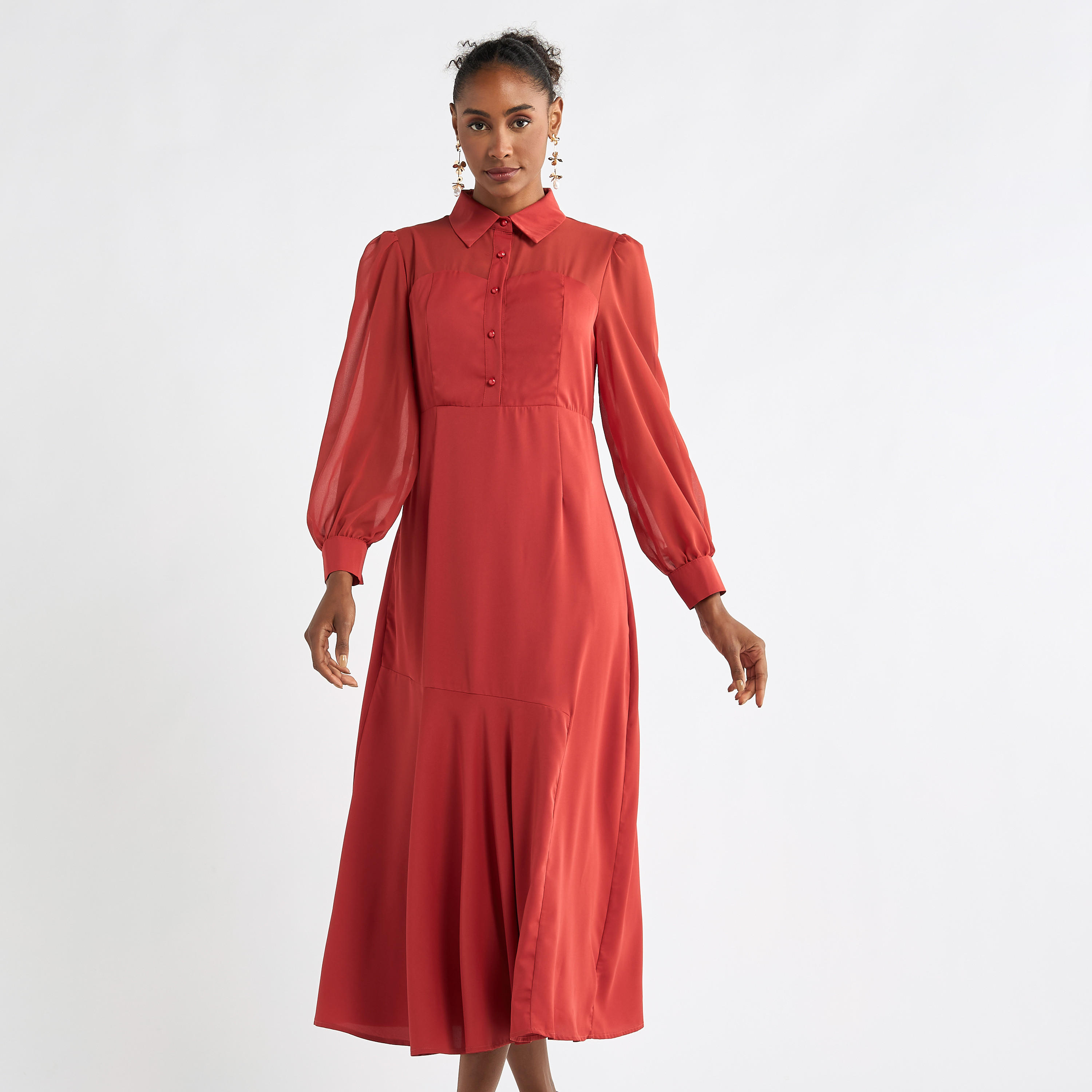 Solid A-line Shirt Dress with Long Sleeves-women-clothing-dresses-image-17