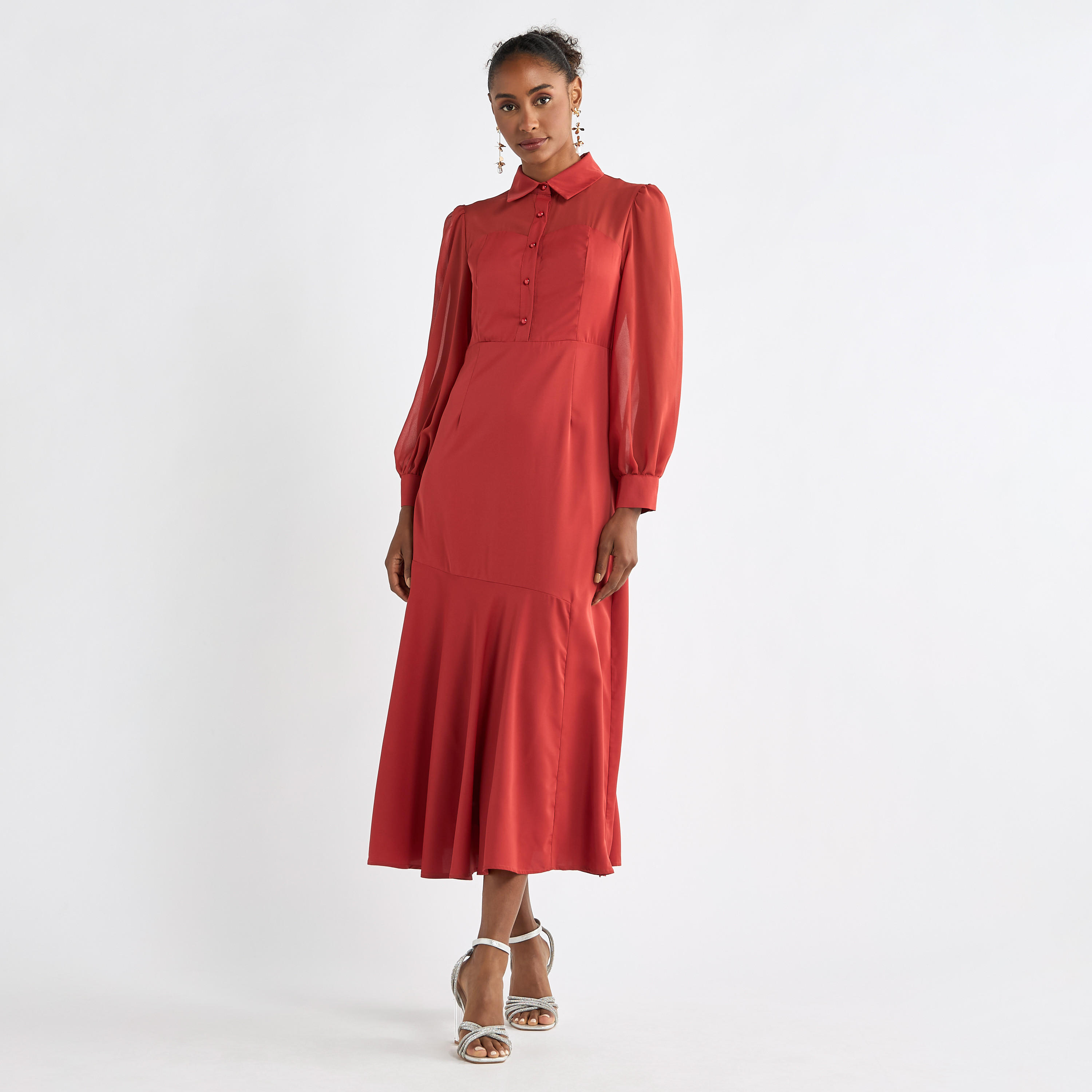 Solid A-line Shirt Dress with Long Sleeves-women-clothing-dresses-image-18