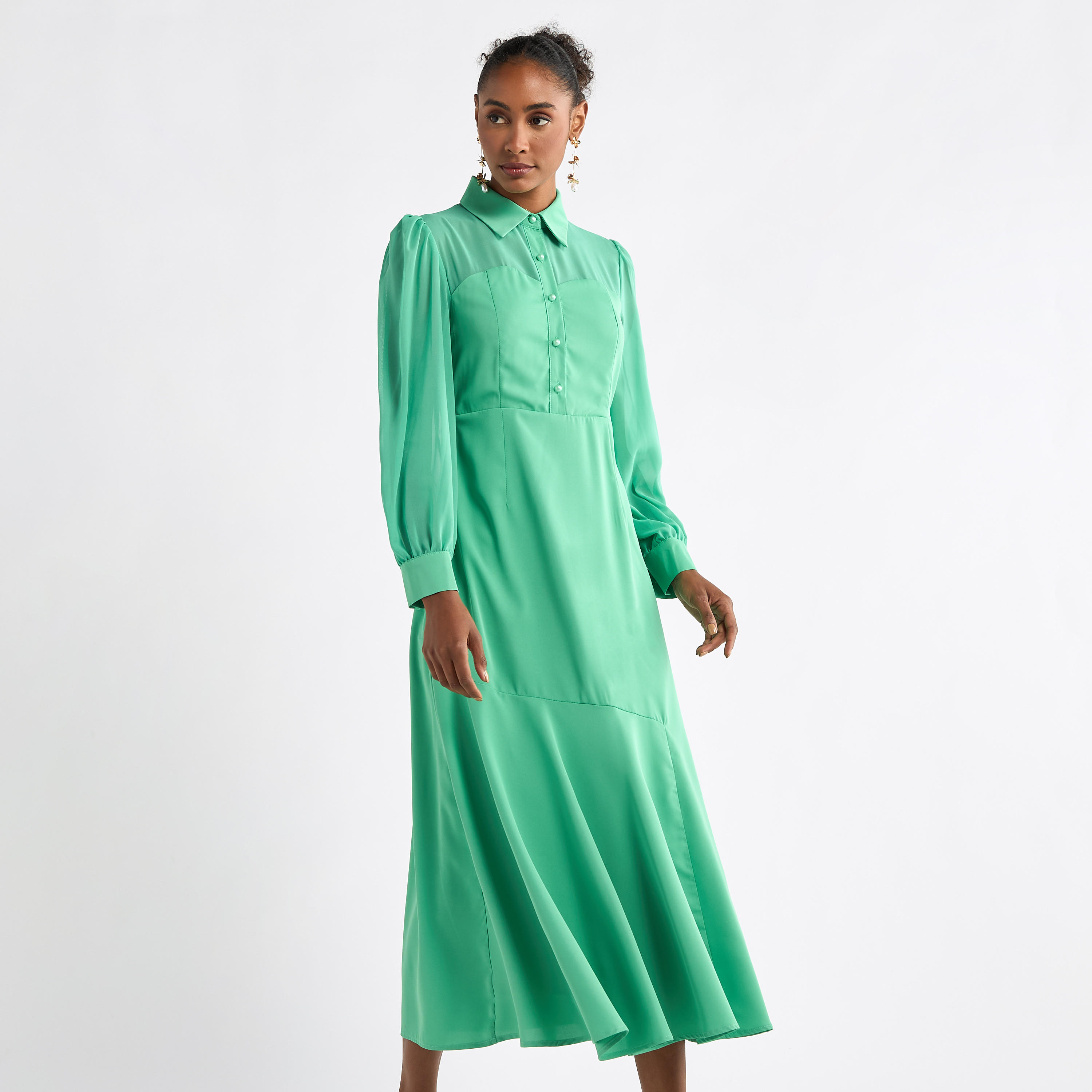 Solid A-line Shirt Dress with Long Sleeves-women-clothing-dresses-image-5