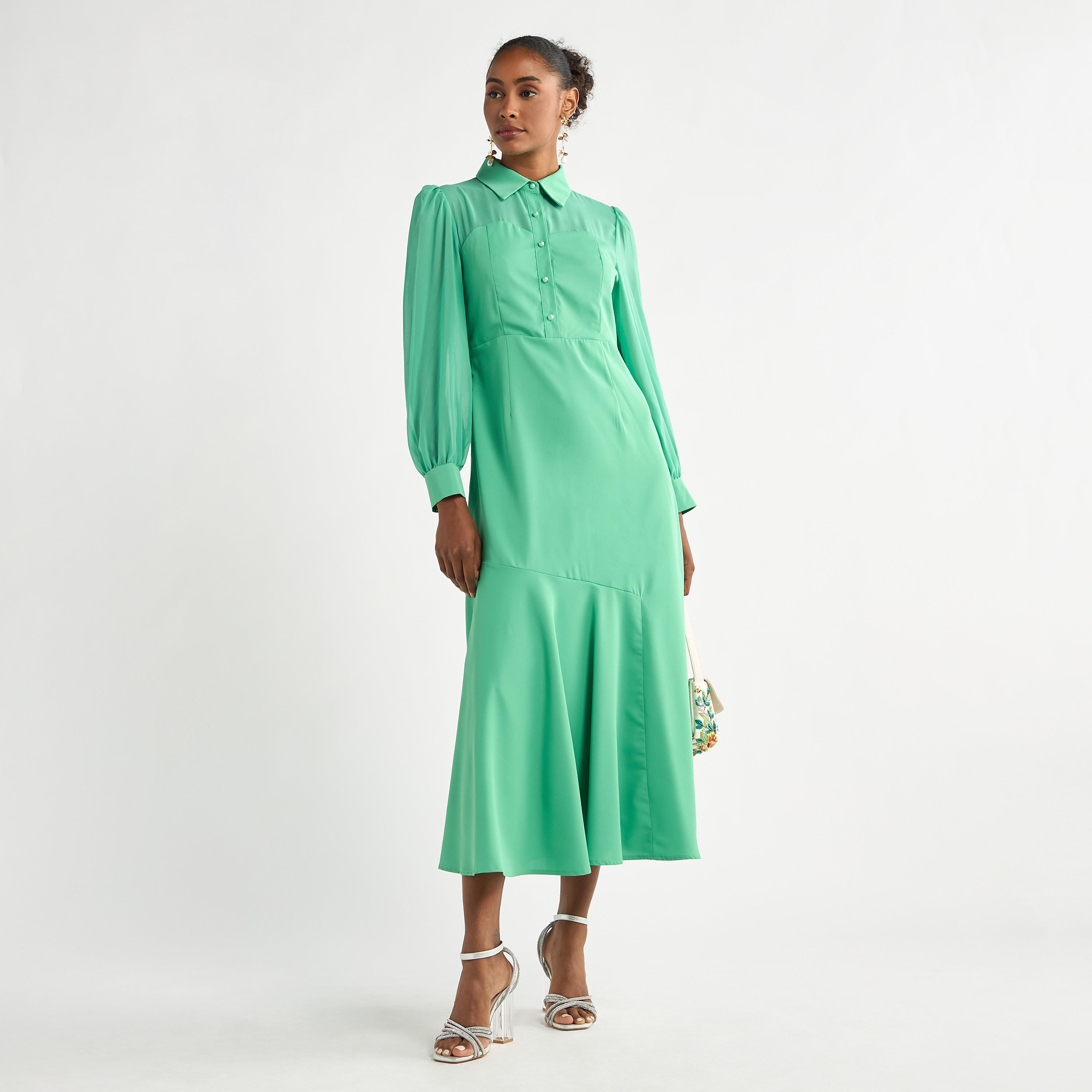 Solid A-line Shirt Dress with Long Sleeves-women-clothing-dresses-image-6