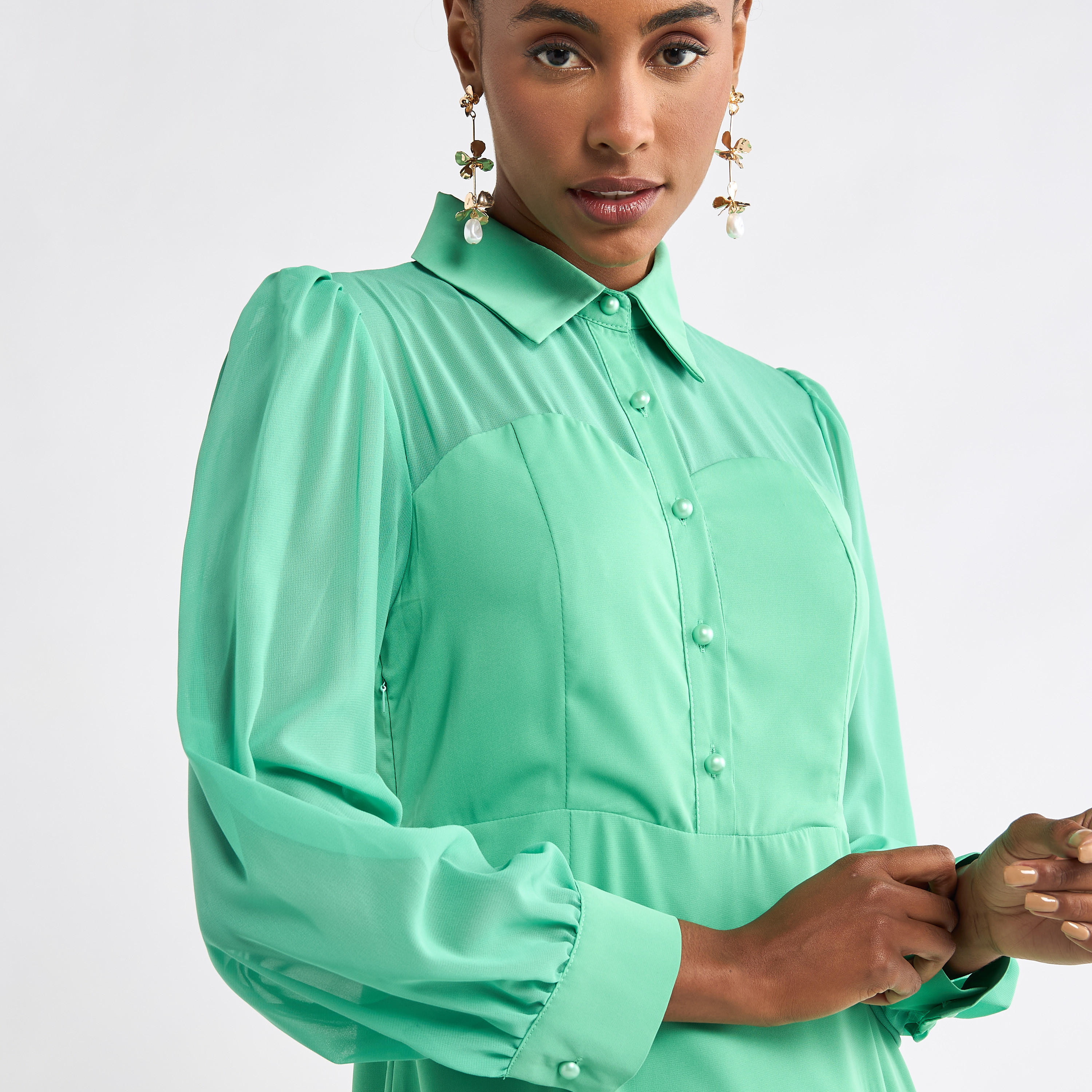 Solid A-line Shirt Dress with Long Sleeves-women-clothing-dresses-image-8