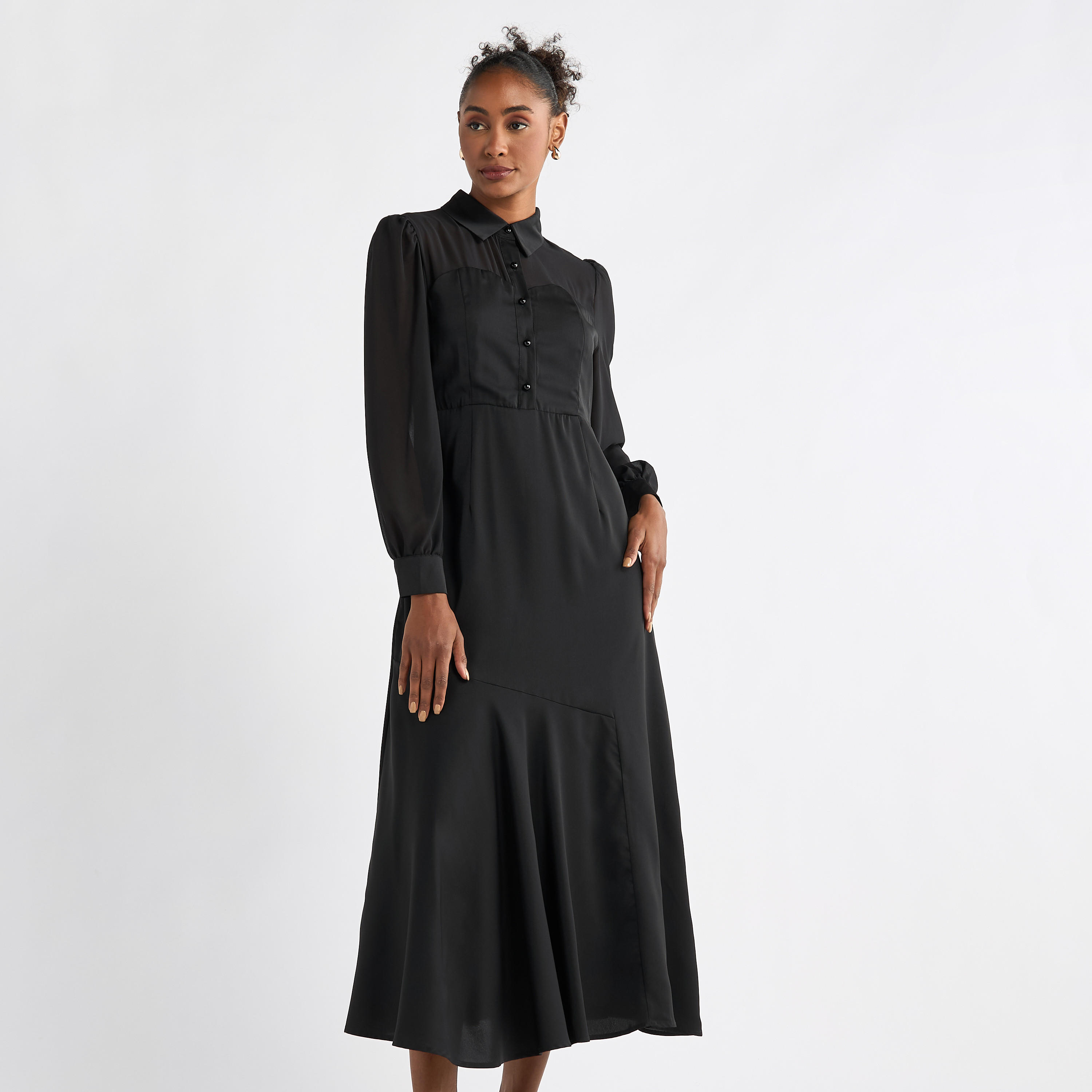 Solid A-line Shirt Dress with Long Sleeves-women-clothing-dresses-image-9
