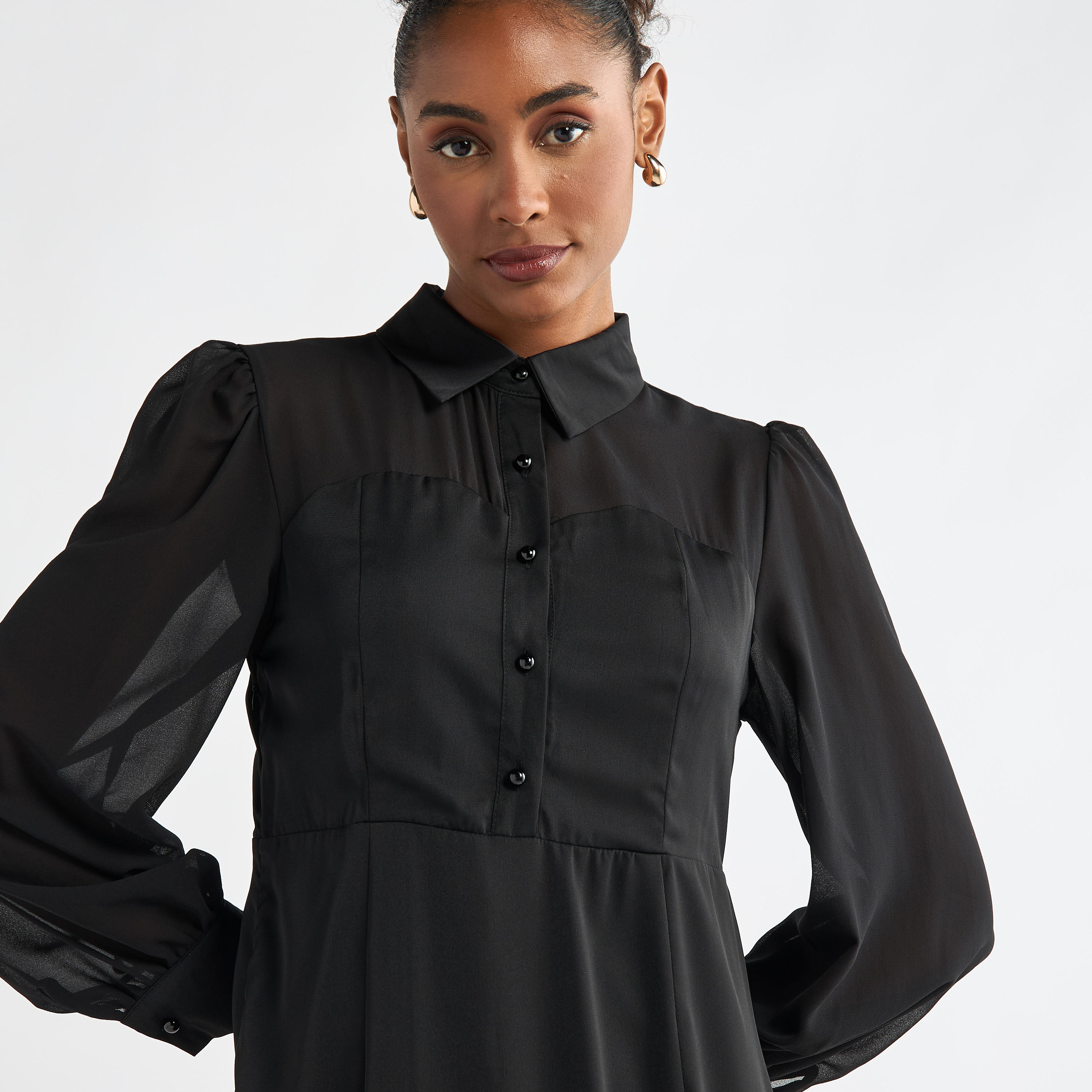Solid A-line Shirt Dress with Long Sleeves-women-clothing-dresses-image-12