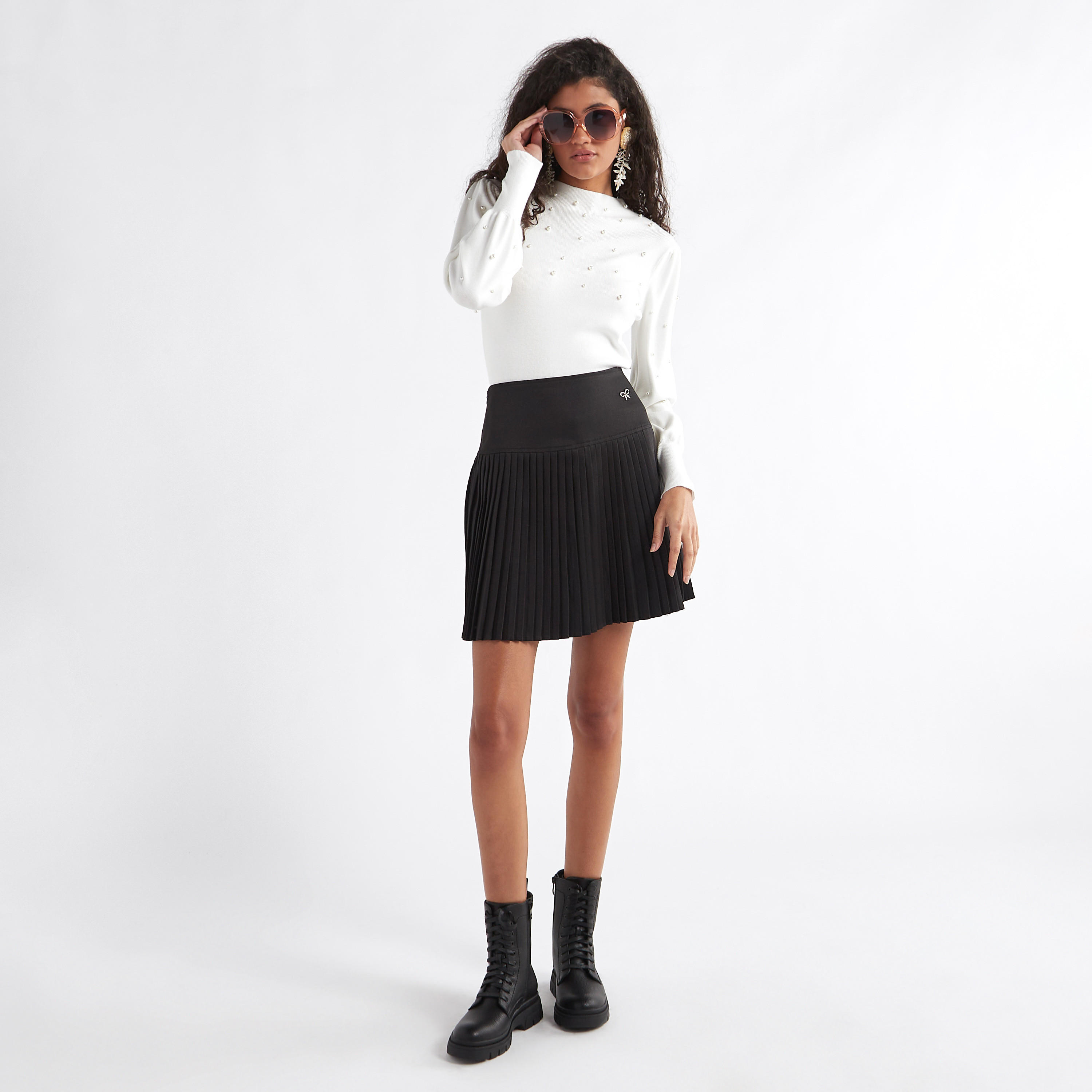 Solid Pleated A-line Mini Skirt with Elasticated Waistband-women-clothing-bottoms-skirts-image-2