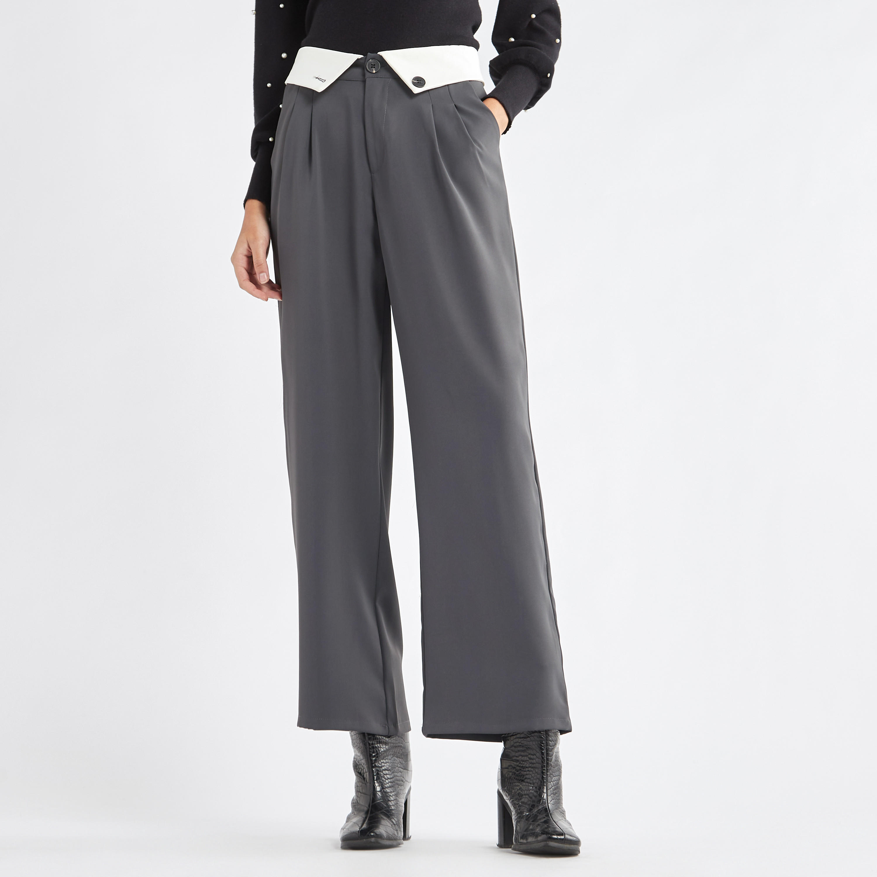 بنطلون سادة واسع الساق بتفاصيل طيّات وجيوب-women-clothing-bottoms-trousers-image-5