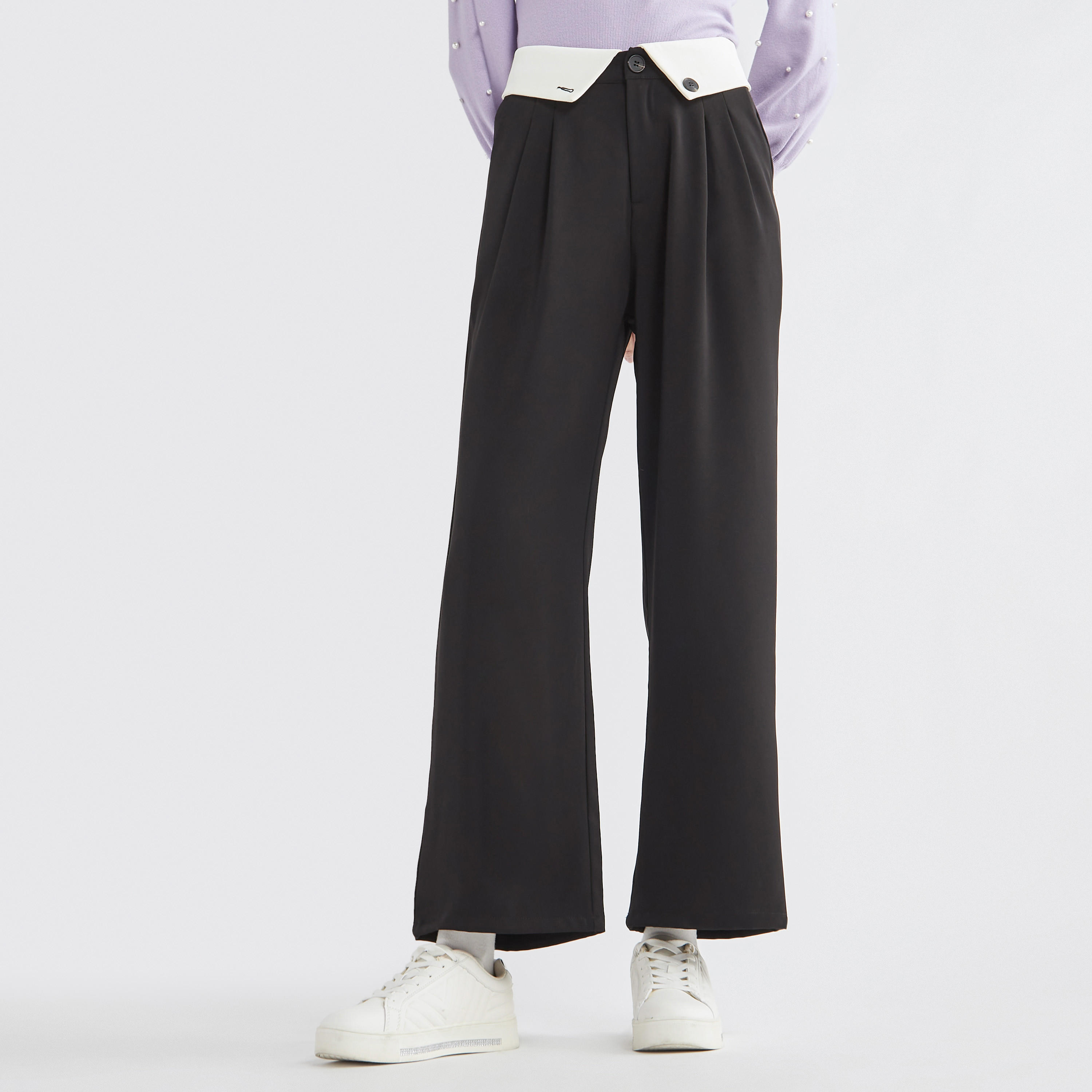 بنطلون سادة واسع الساق بتفاصيل طيّات وجيوب-women-clothing-bottoms-trousers-image-1