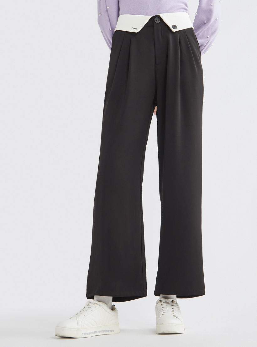 بنطلون سادة واسع الساق بتفاصيل طيّات وجيوب-women-clothing-bottoms-trousers-image-1