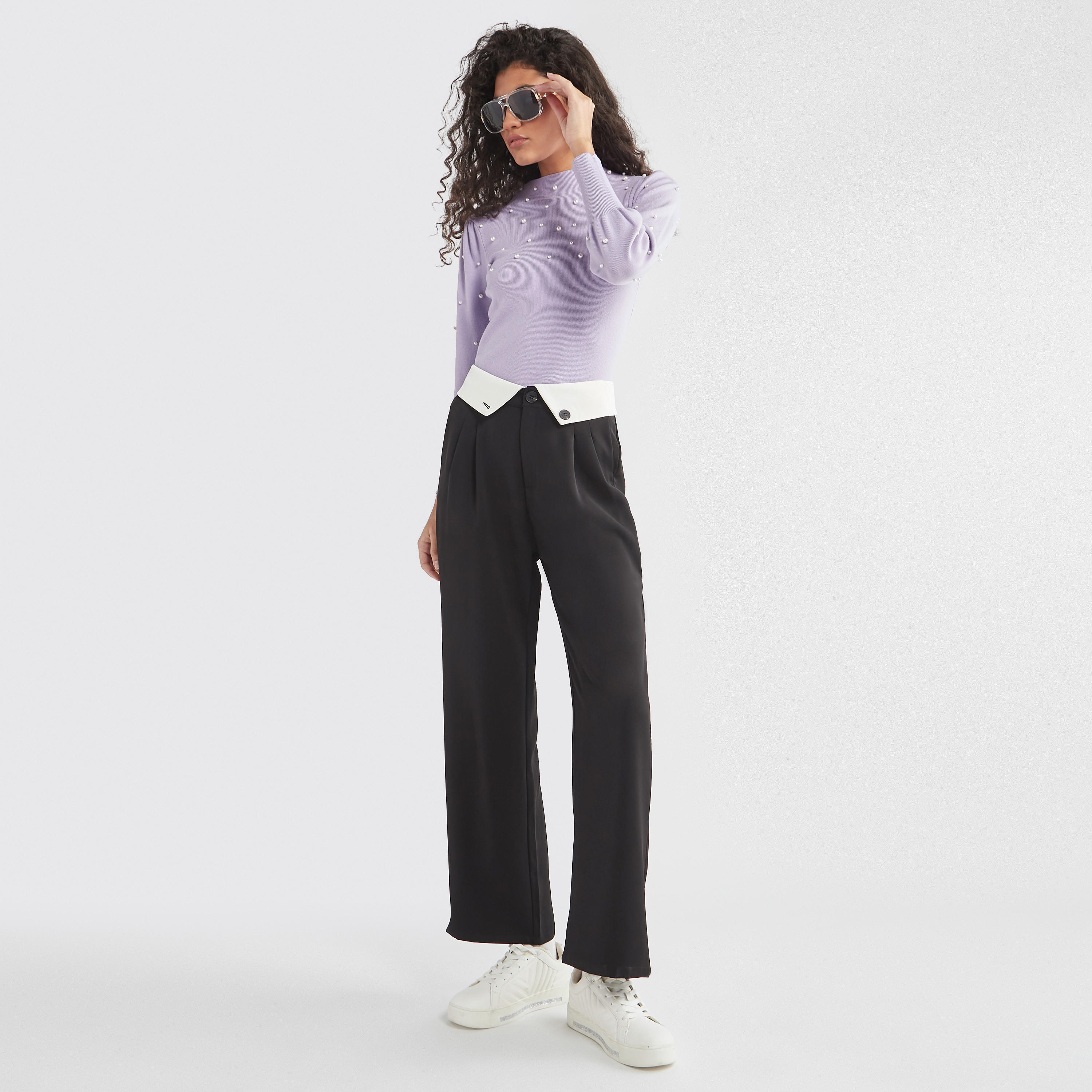 بنطلون سادة واسع الساق بتفاصيل طيّات وجيوب-women-clothing-bottoms-trousers-image-2