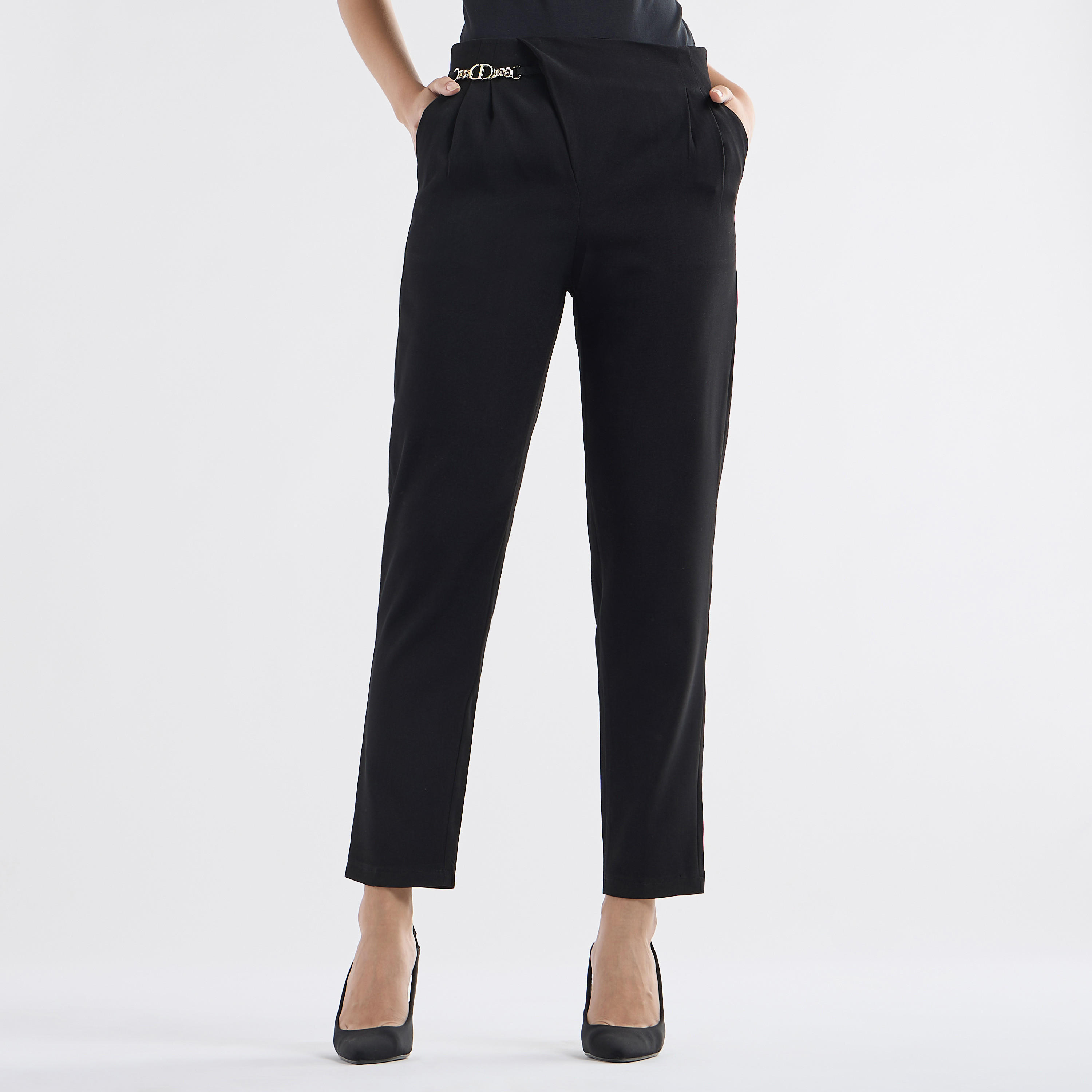 Solid Pleated Regular Fit Trousers with Metallic Accent-women-clothing-bottoms-trousers-image-1