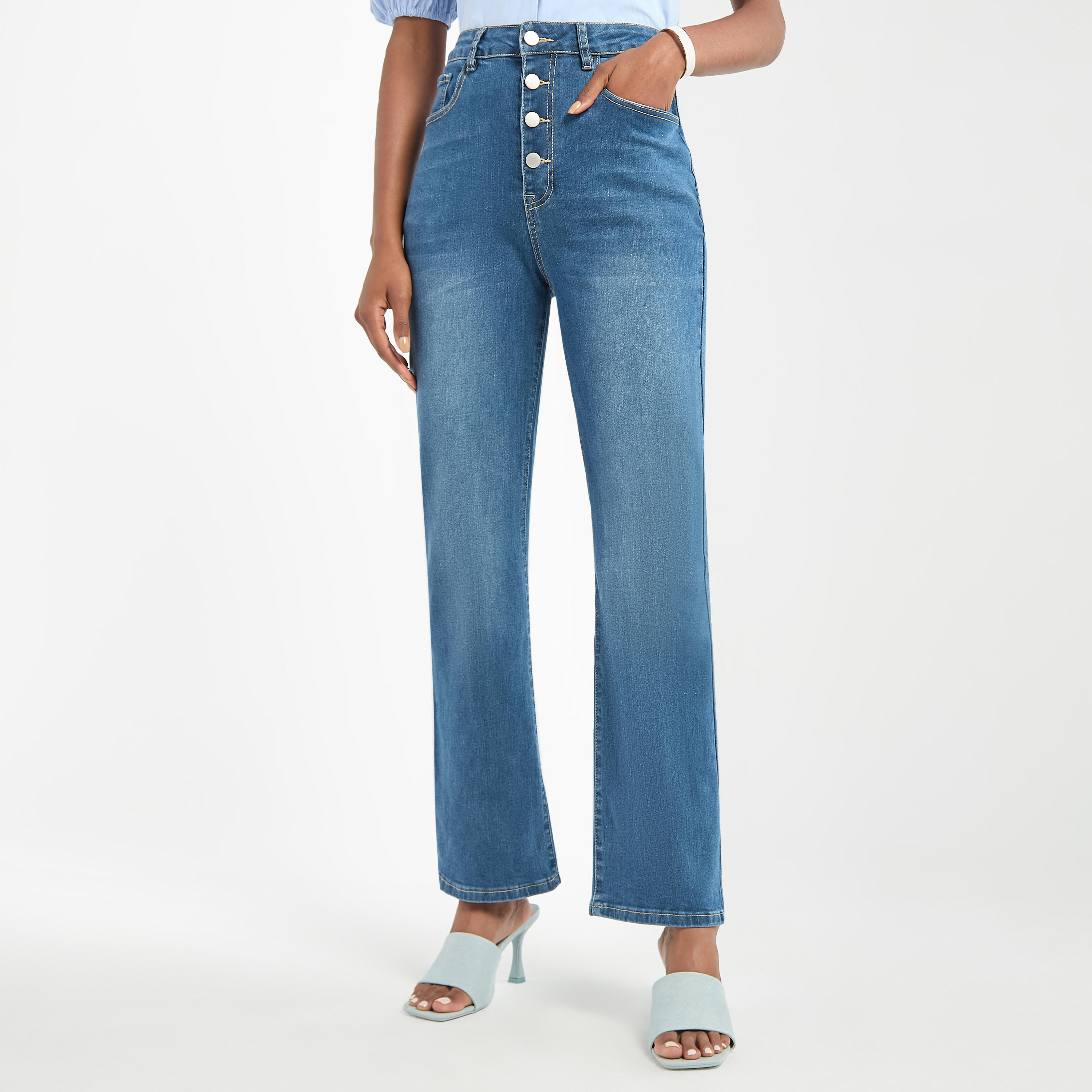 بنطلون جينز سادة واسع بجيوب-women-clothing-bottoms-jeans-image-1