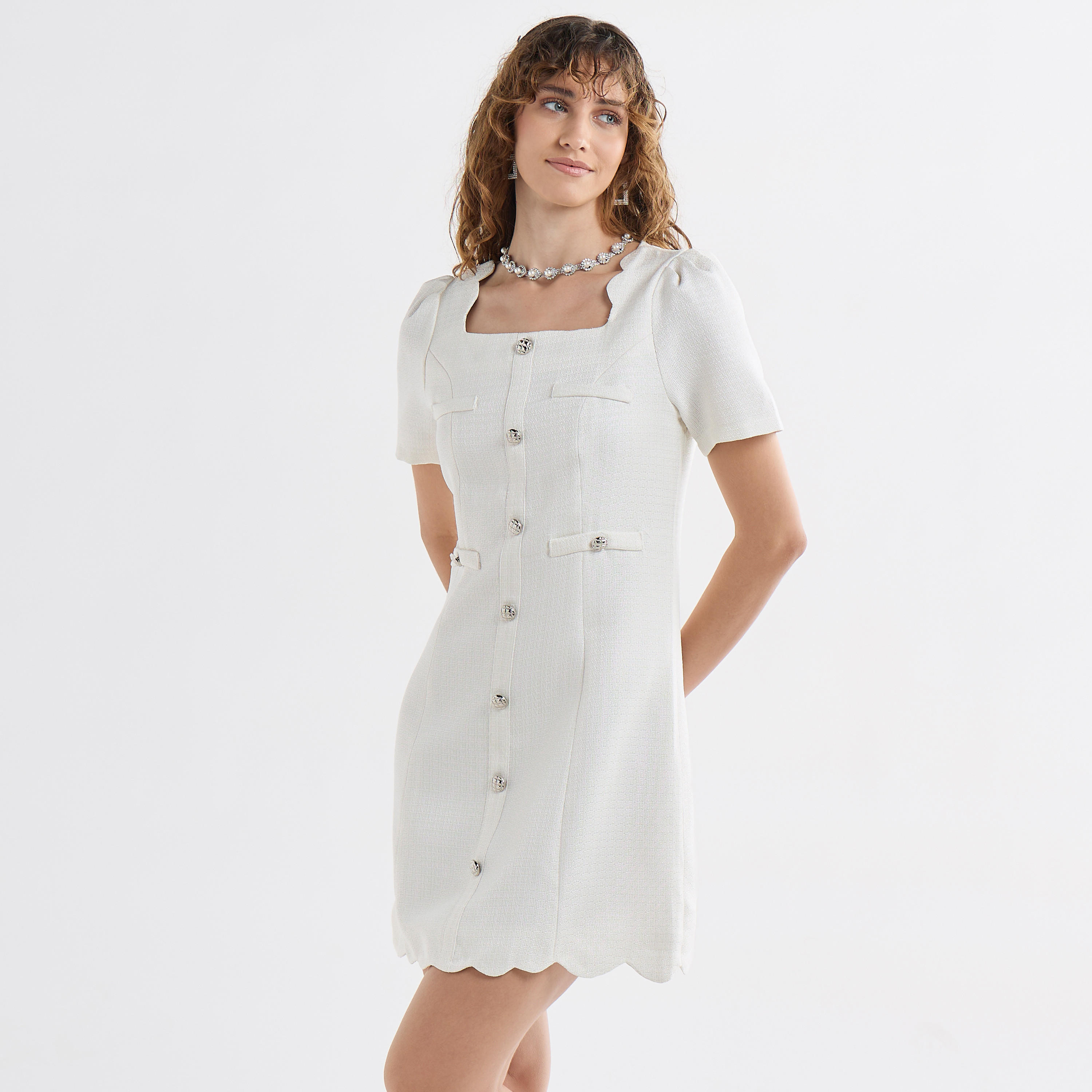 Textured Scallop Hem Mini Dress with Short Sleeves and Square Neck-women-clothing-dresses-image-1