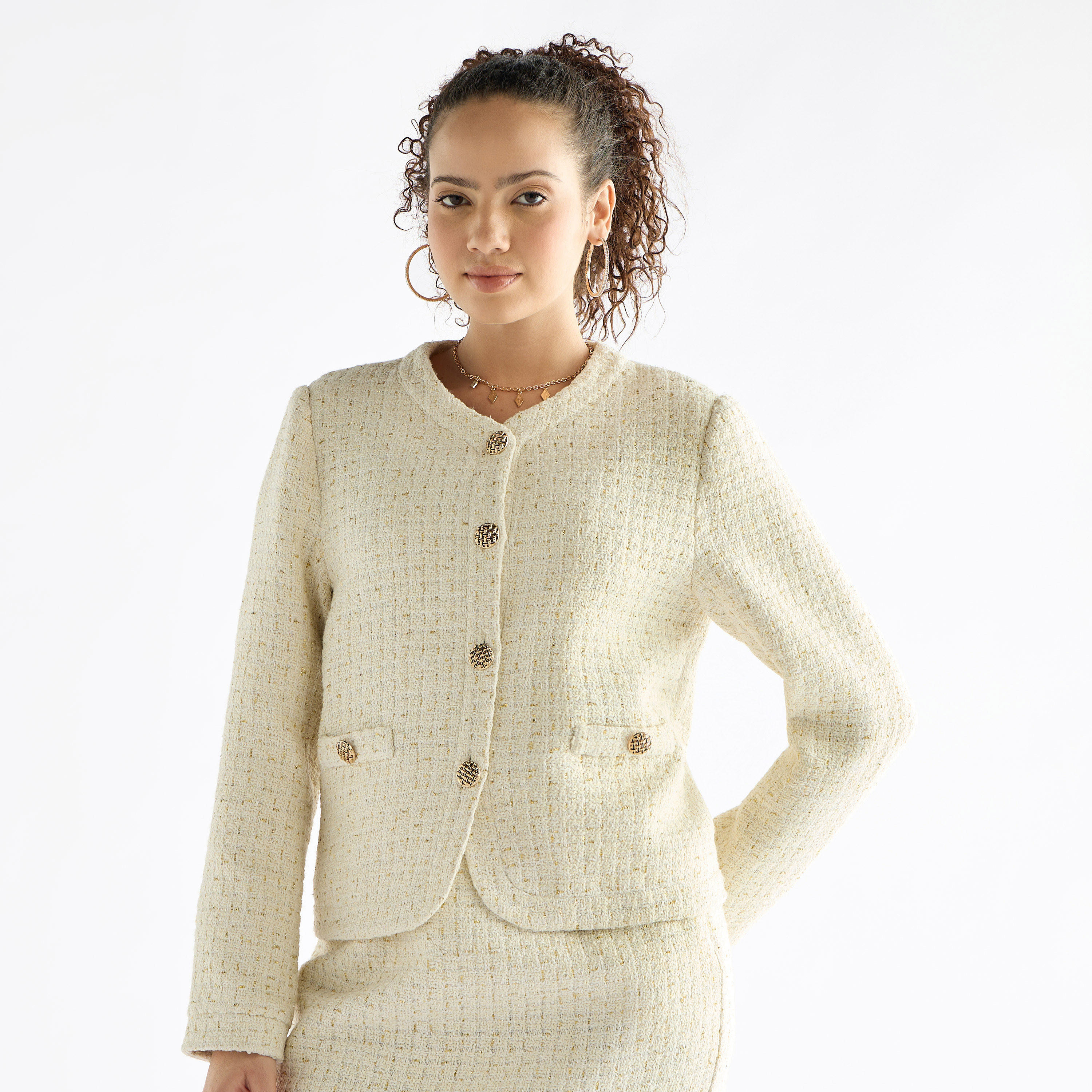 بليزر بارز الملمس بياقة مستديرة وأكمام طويلة-women-clothing-coatsandjackets-blazers-image-1