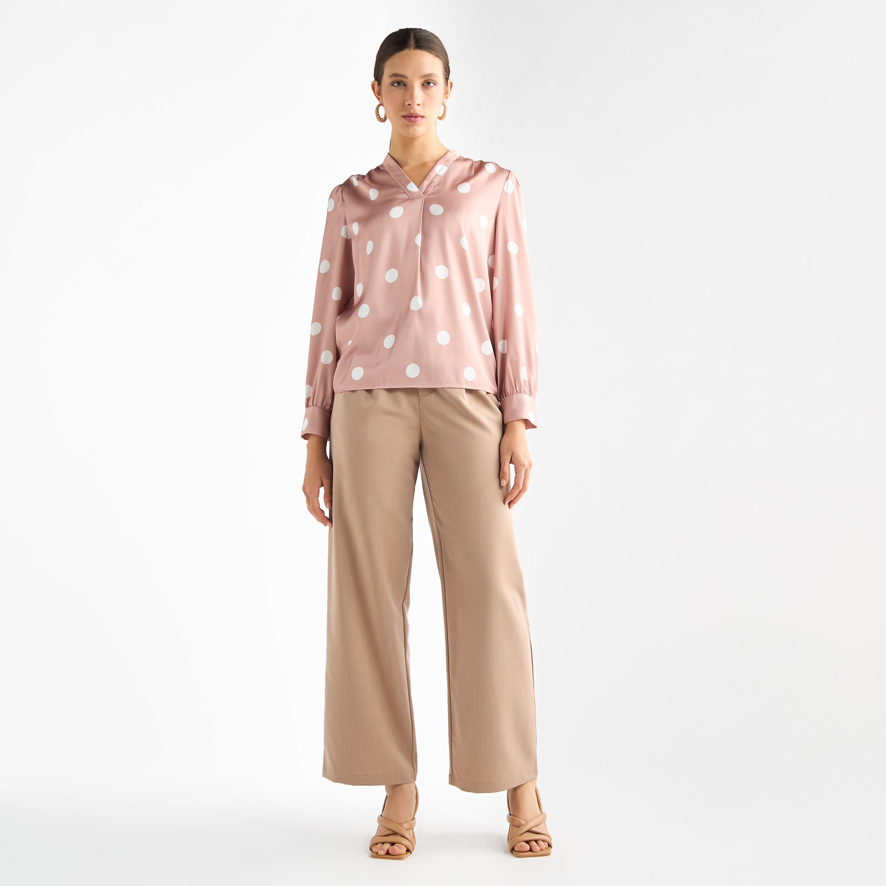 بلوزة بأكمام طويلة وياقة V وطبعات منقطة-women-clothing-shirtsandblouses-blouses-image-2