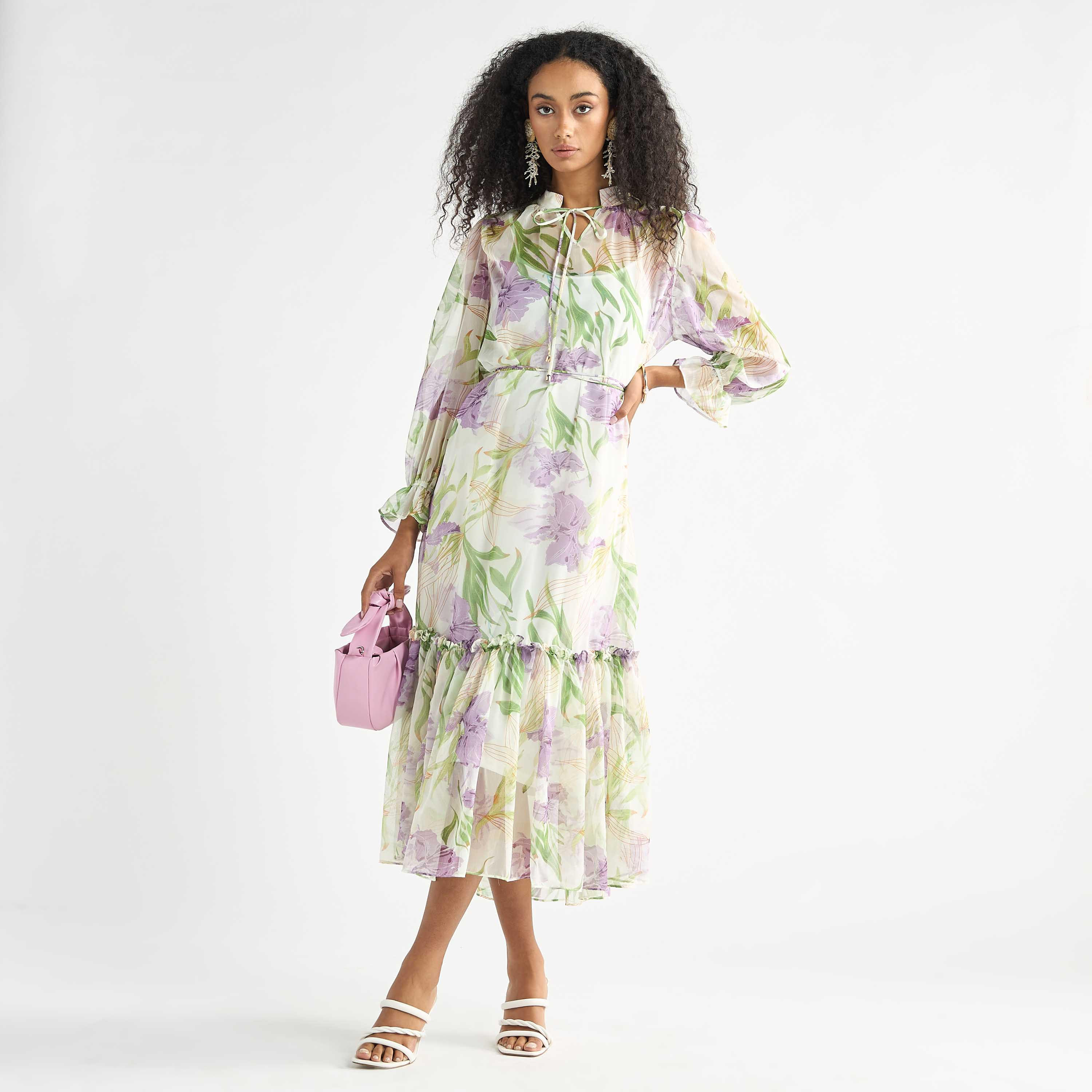 All-Over Floral Print Mandarin Collar Dress with Volume Sleeves and Flounce Hem-women-clothing-dresses-image-2