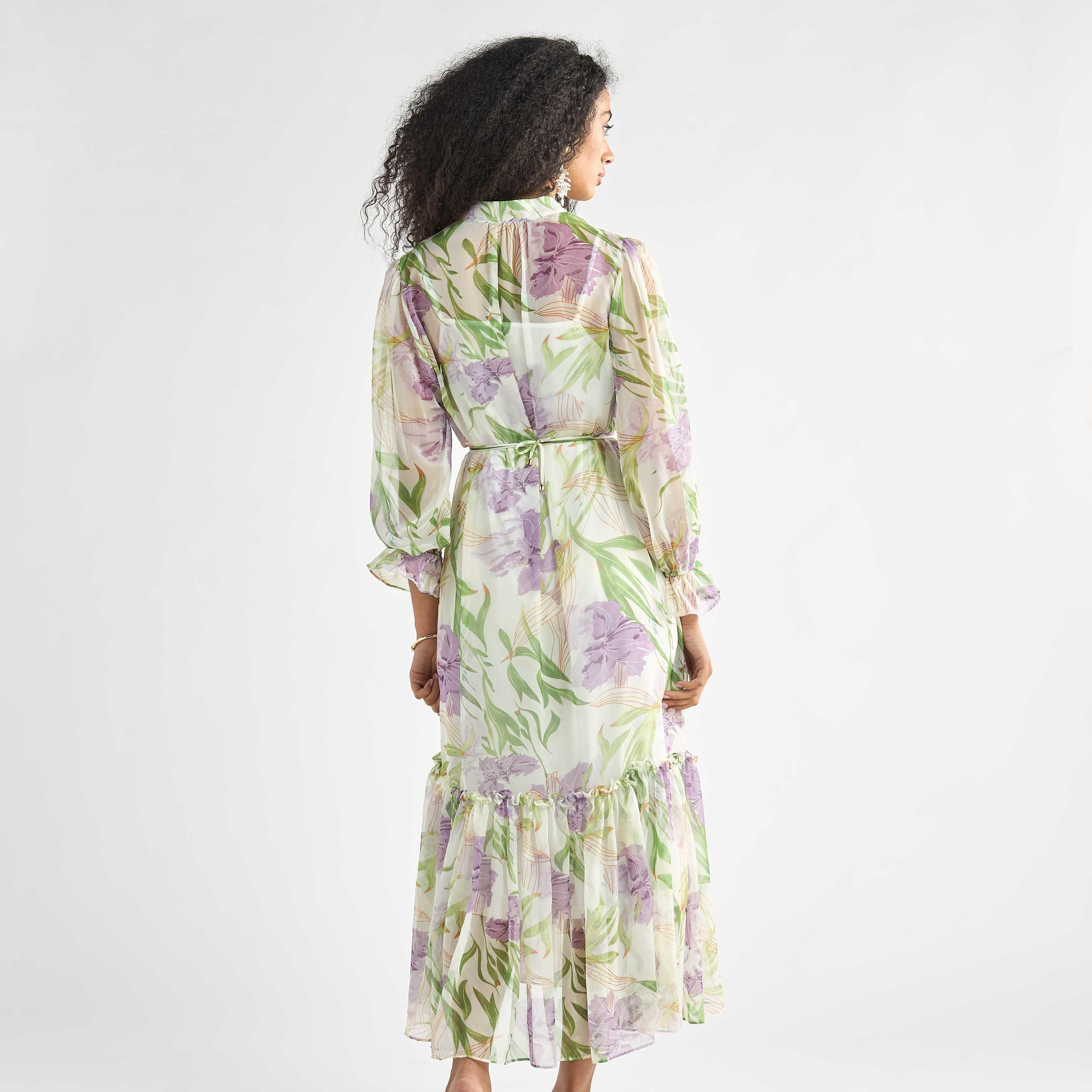 All-Over Floral Print Mandarin Collar Dress with Volume Sleeves and Flounce Hem-women-clothing-dresses-image-3
