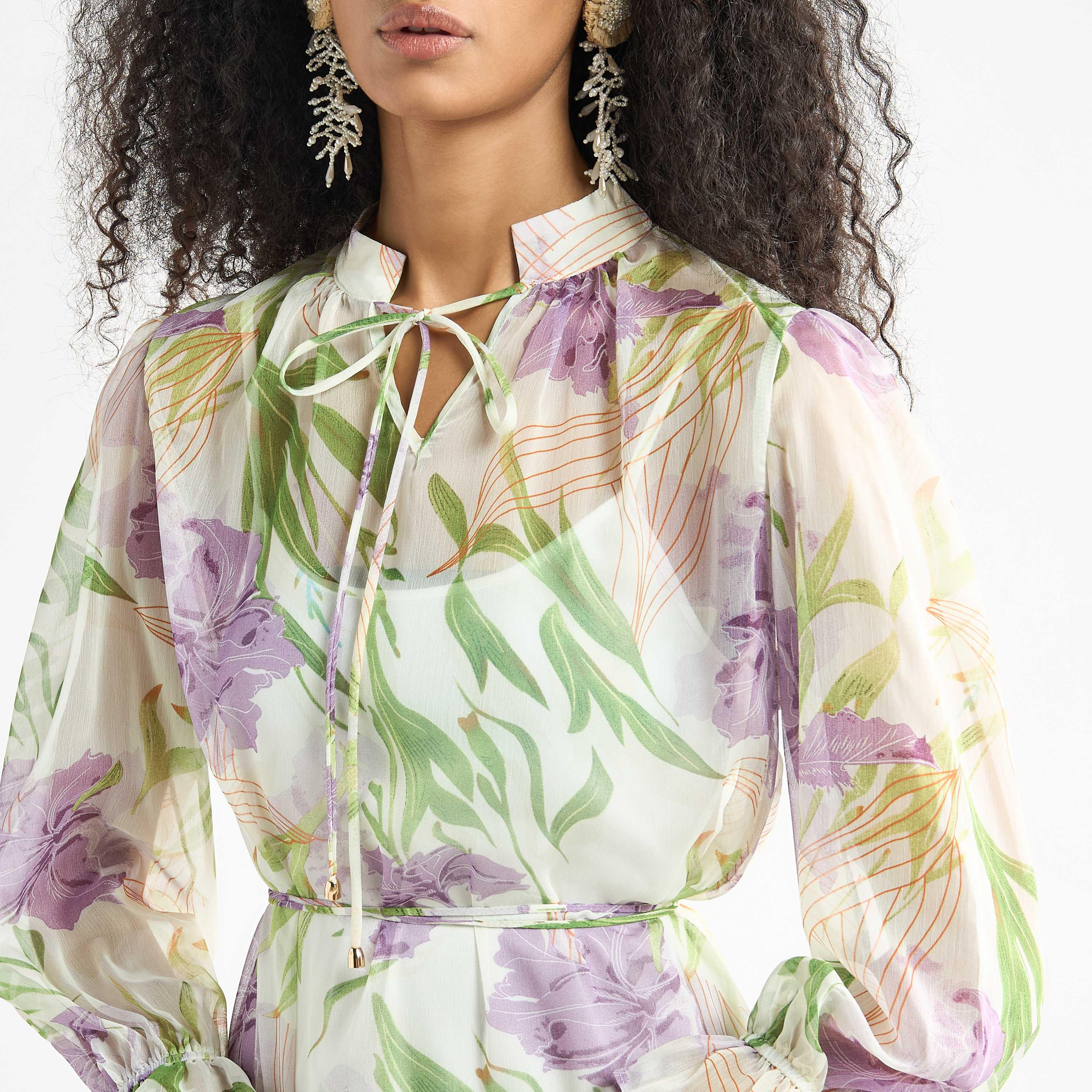 All-Over Floral Print Mandarin Collar Dress with Volume Sleeves and Flounce Hem-women-clothing-dresses-image-4