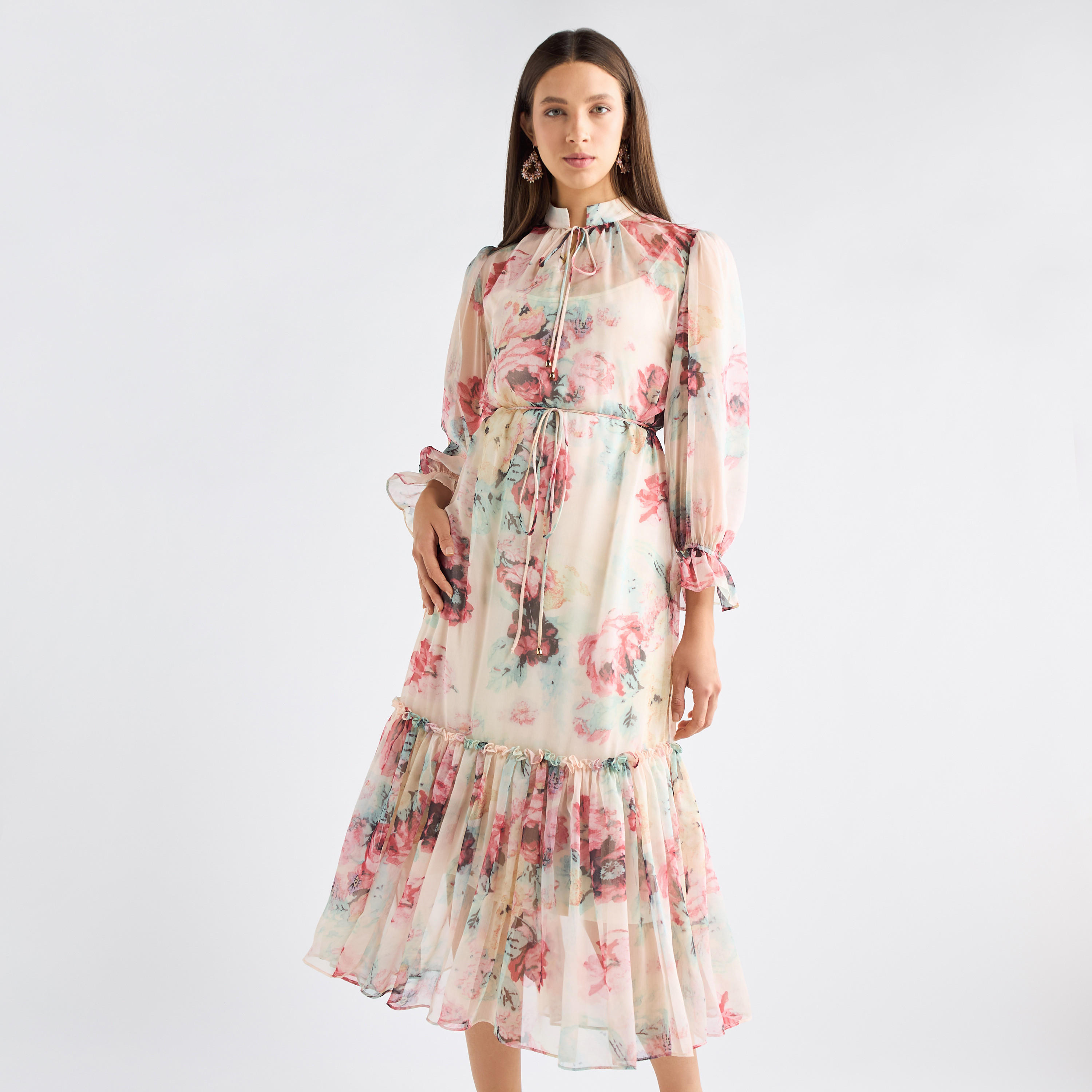All-Over Floral Print Mandarin Collar Dress with Volume Sleeves and Flounce Hem-women-clothing-dresses-image-9