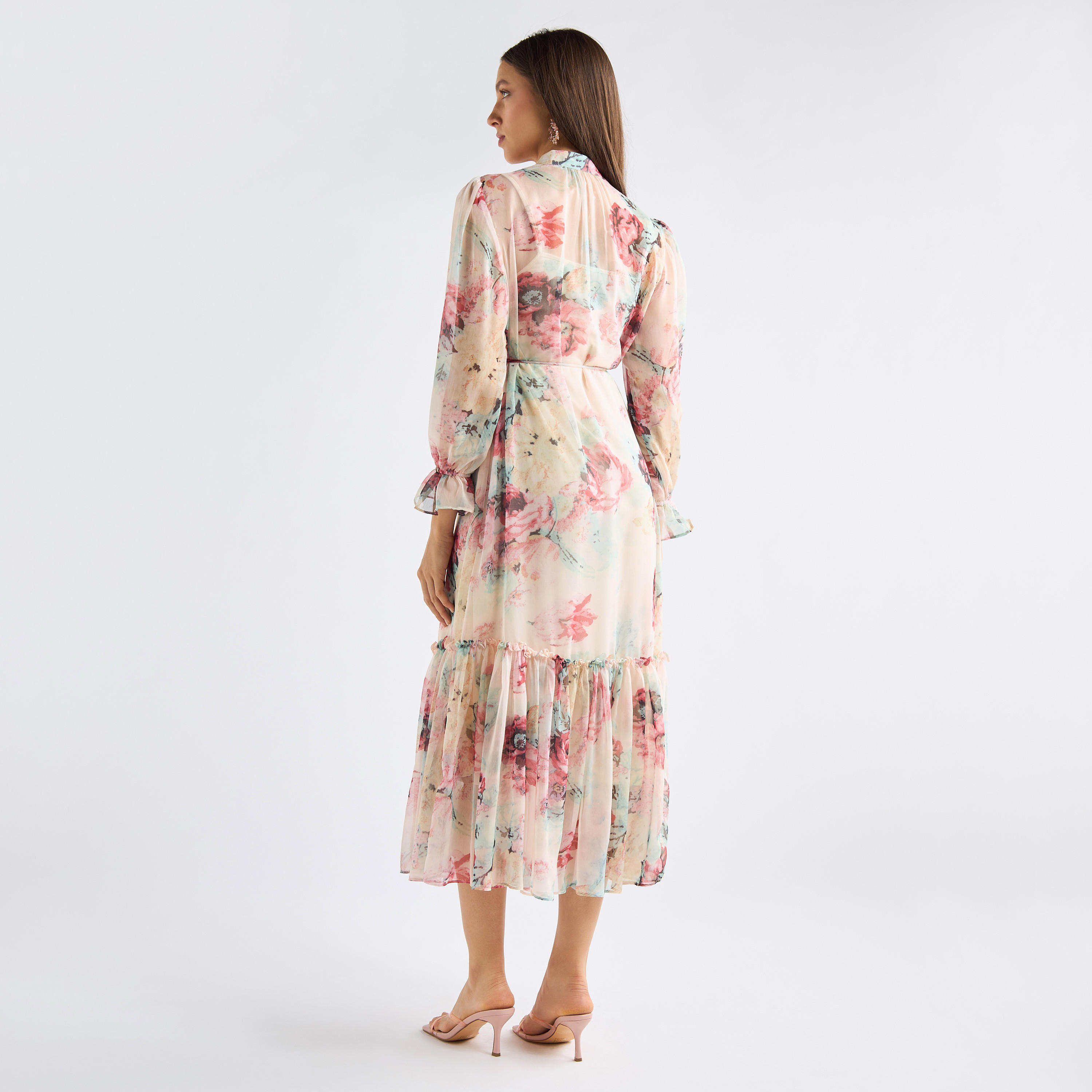 All-Over Floral Print Mandarin Collar Dress with Volume Sleeves and Flounce Hem-women-clothing-dresses-image-10