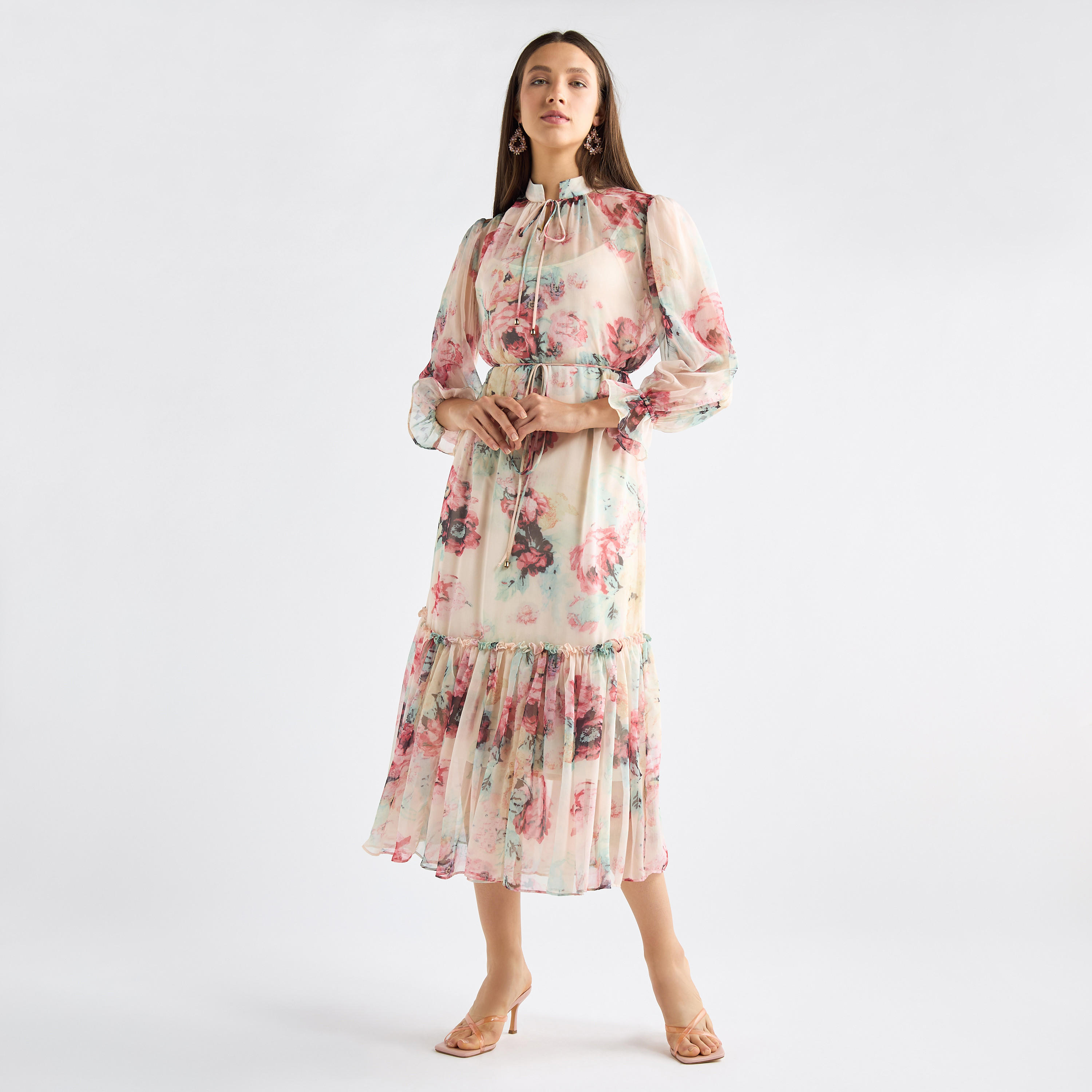 All-Over Floral Print Mandarin Collar Dress with Volume Sleeves and Flounce Hem-women-clothing-dresses-image-11