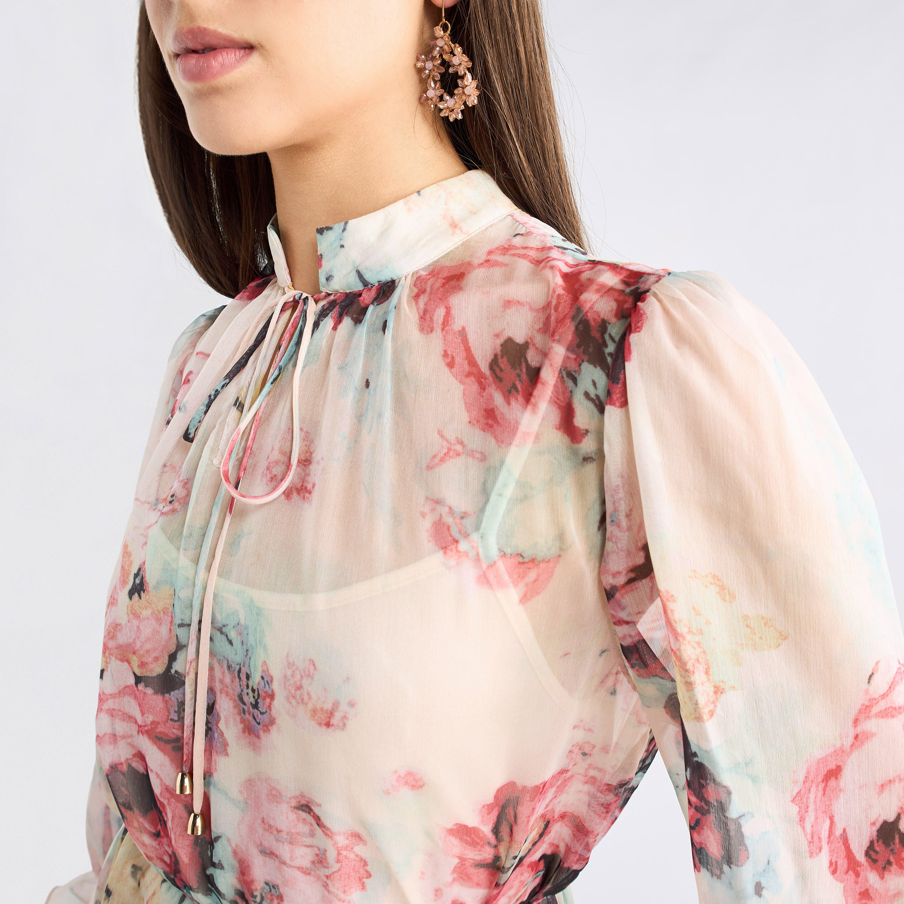 All-Over Floral Print Mandarin Collar Dress with Volume Sleeves and Flounce Hem-women-clothing-dresses-image-12