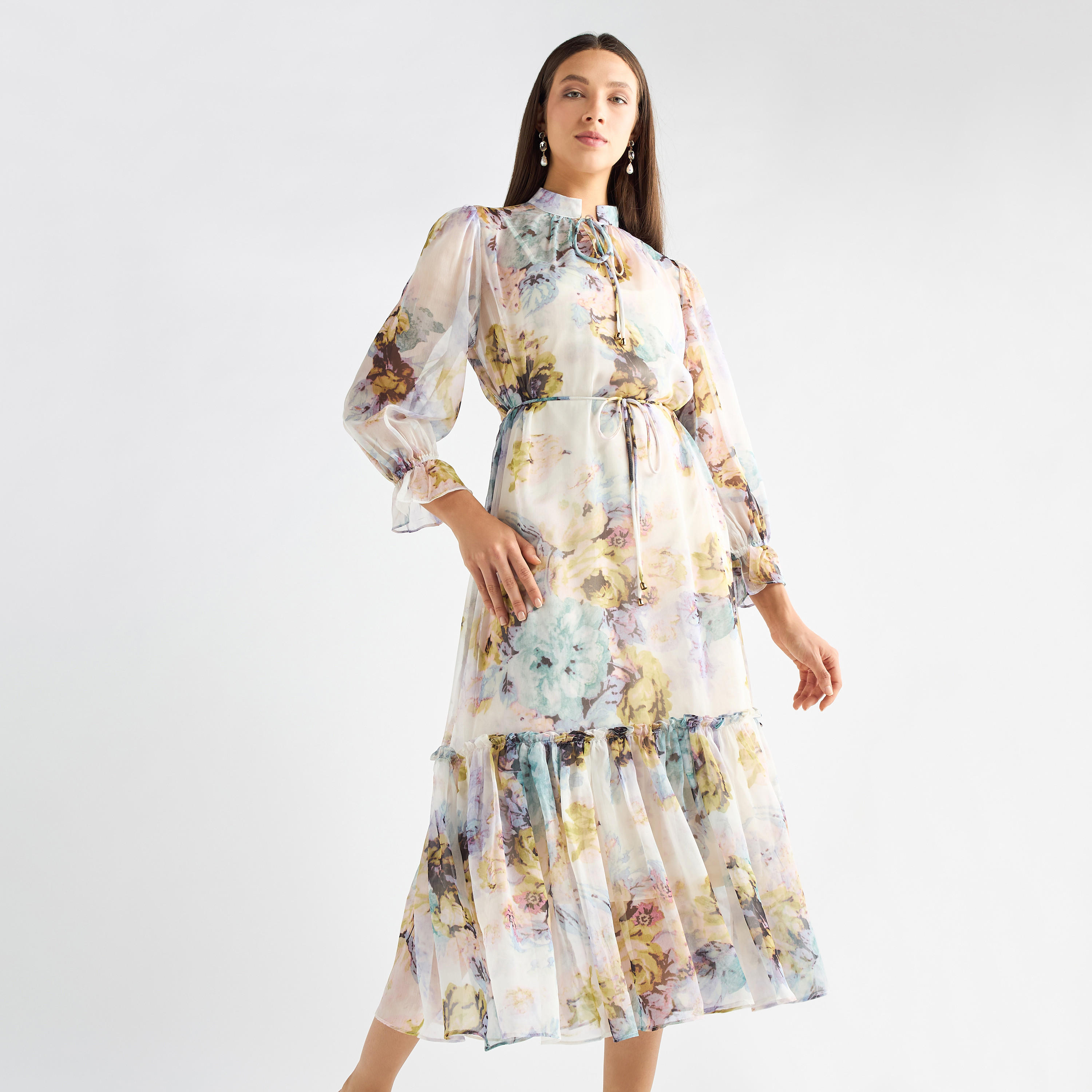 All-Over Floral Print Mandarin Collar Dress with Volume Sleeves and Flounce Hem-women-clothing-dresses-image-17