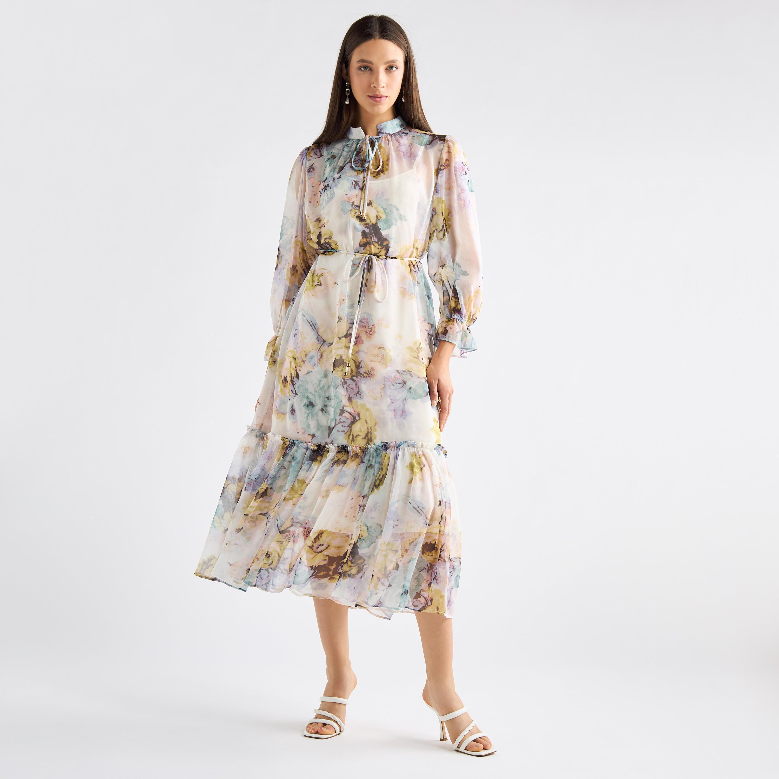 All-Over Floral Print Mandarin Collar Dress with Volume Sleeves and Flounce Hem-women-clothing-dresses-image-18