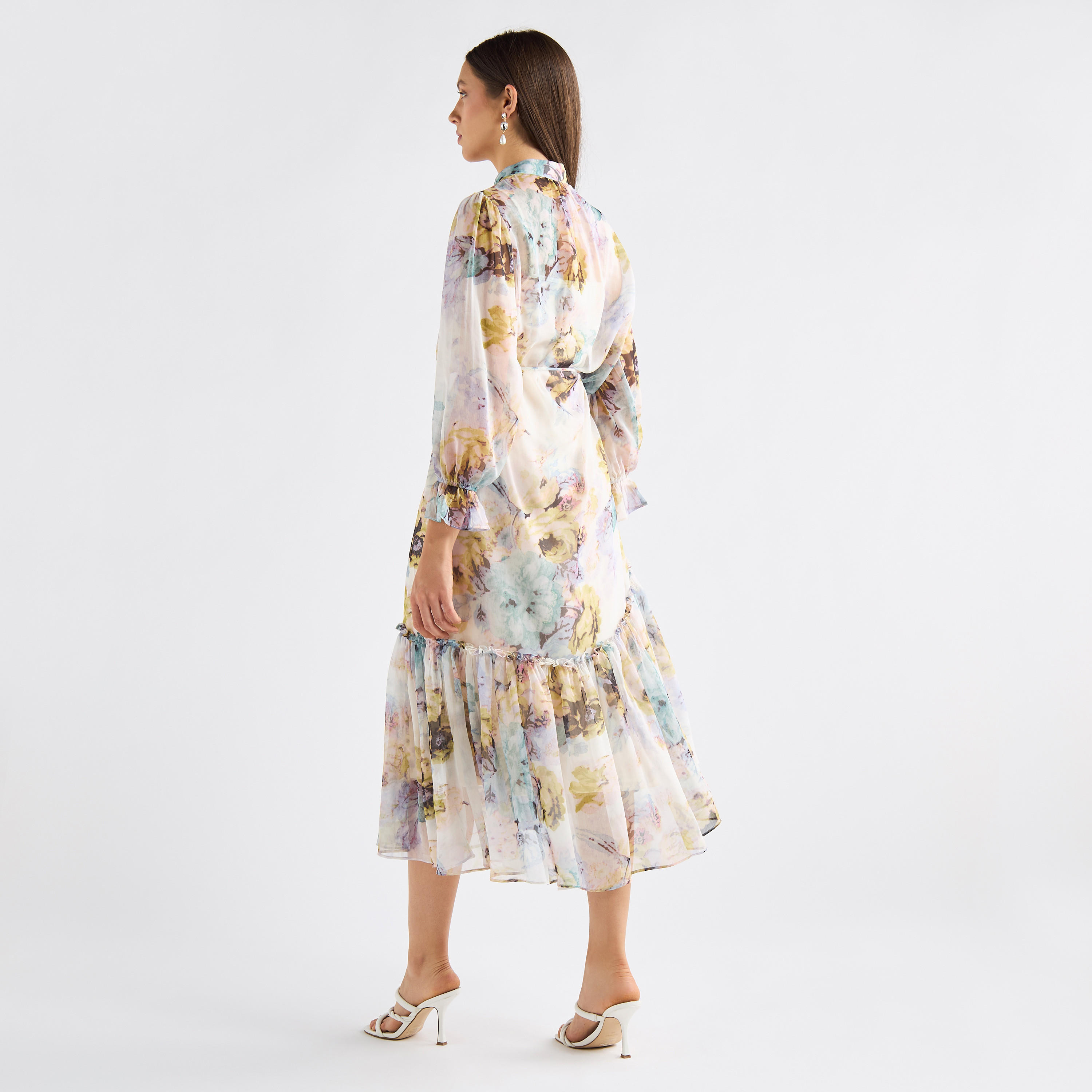 All-Over Floral Print Mandarin Collar Dress with Volume Sleeves and Flounce Hem-women-clothing-dresses-image-19