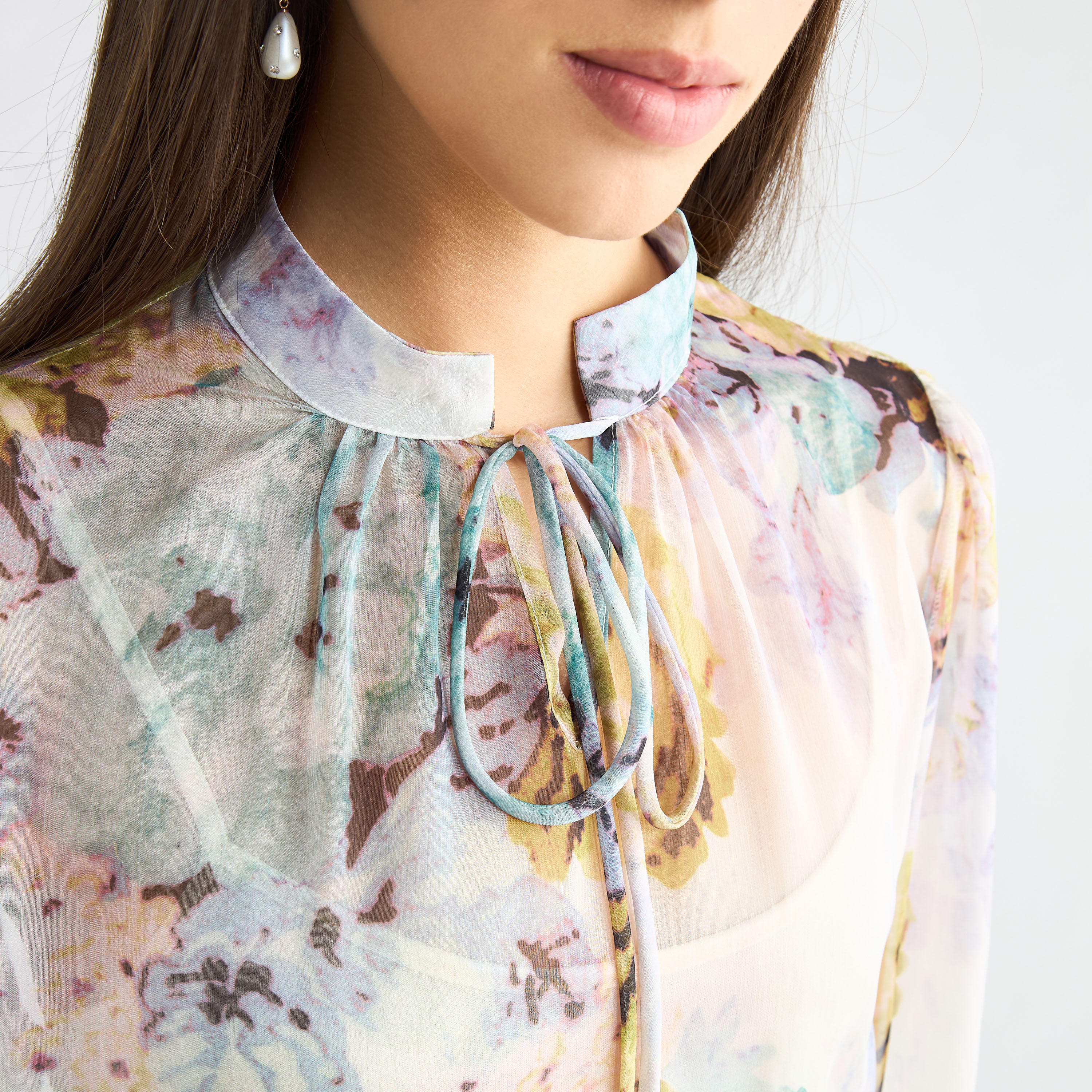 All-Over Floral Print Mandarin Collar Dress with Volume Sleeves and Flounce Hem-women-clothing-dresses-image-20