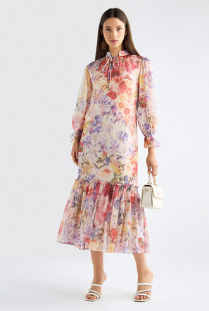 All-Over Floral Print Mandarin Collar Dress with Volume Sleeves and Flounce Hem-women-image-1