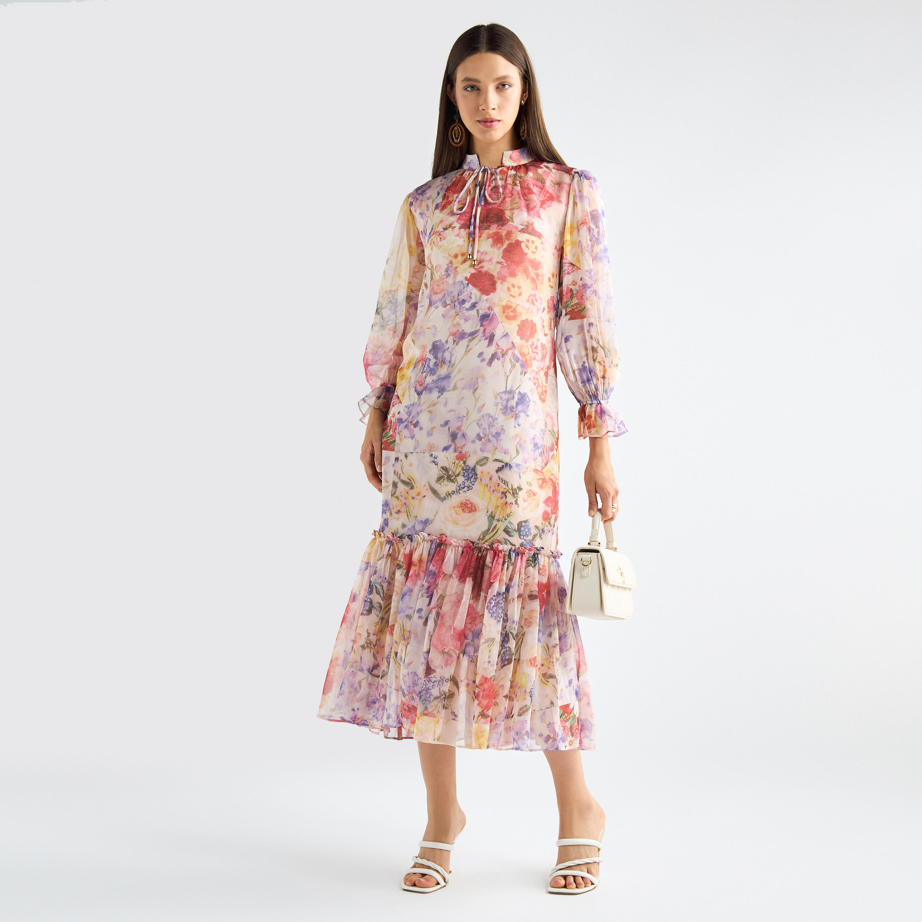 All-Over Floral Print Mandarin Collar Dress with Volume Sleeves and Flounce Hem-women-clothing-dresses-image-13
