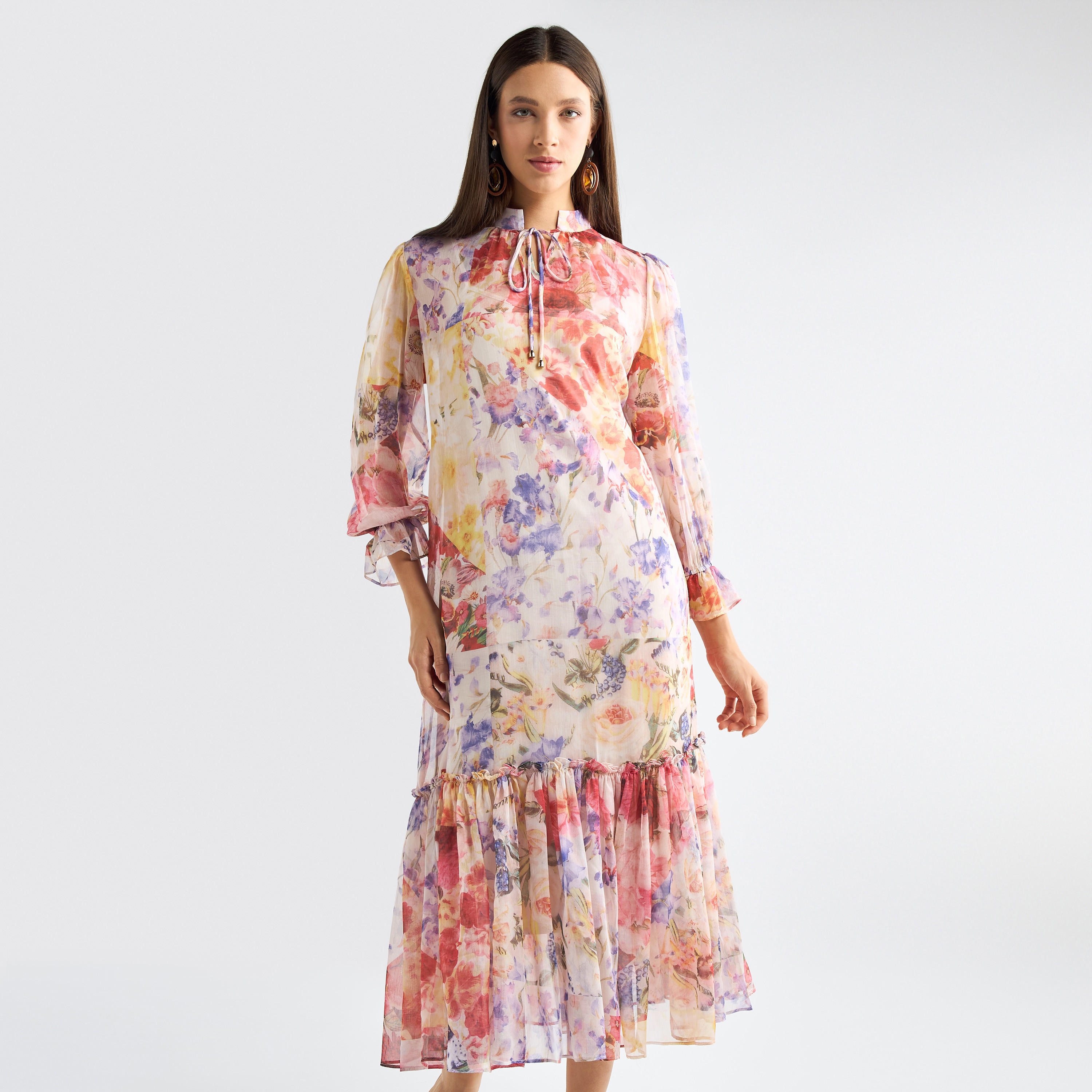 All-Over Floral Print Mandarin Collar Dress with Volume Sleeves and Flounce Hem-women-clothing-dresses-image-14