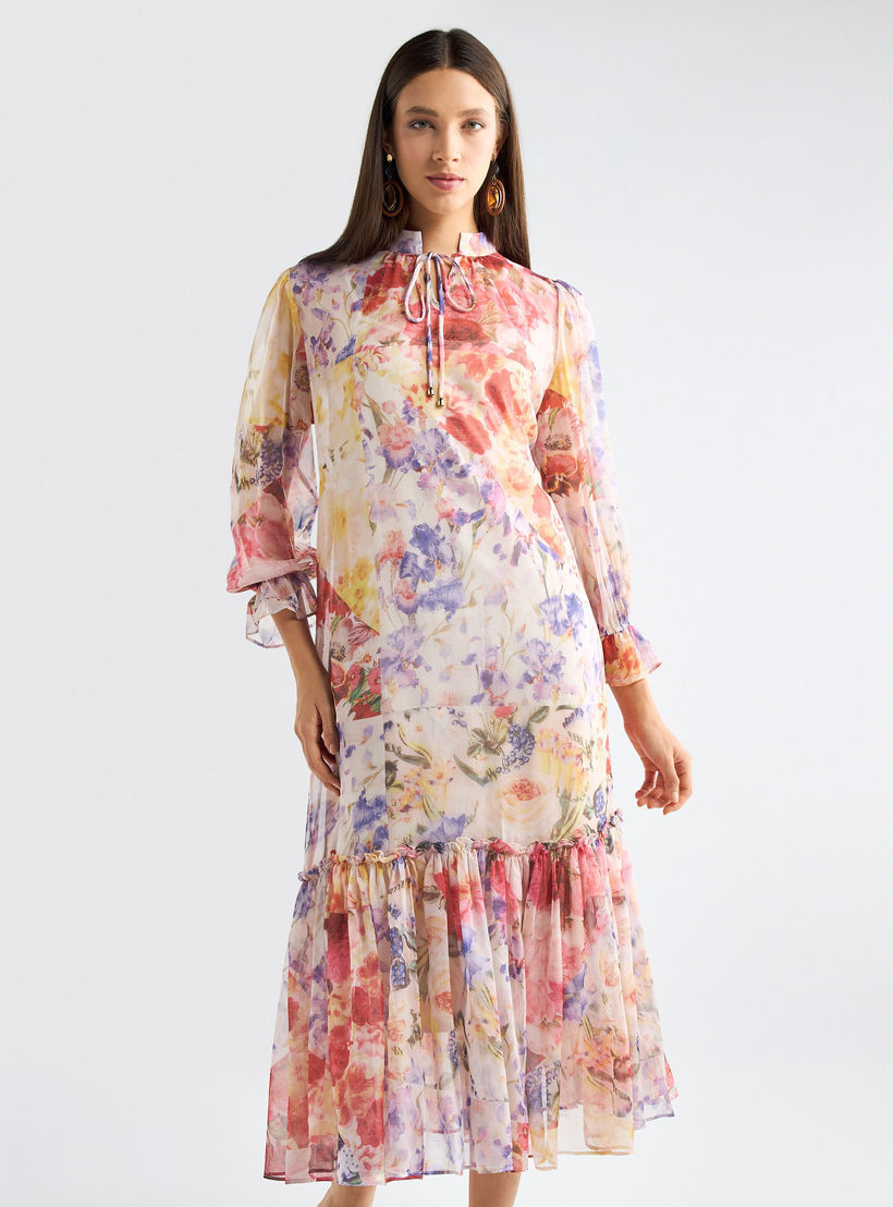 All-Over Floral Print Mandarin Collar Dress with Volume Sleeves and Flounce Hem-women-clothing-dresses-image-2